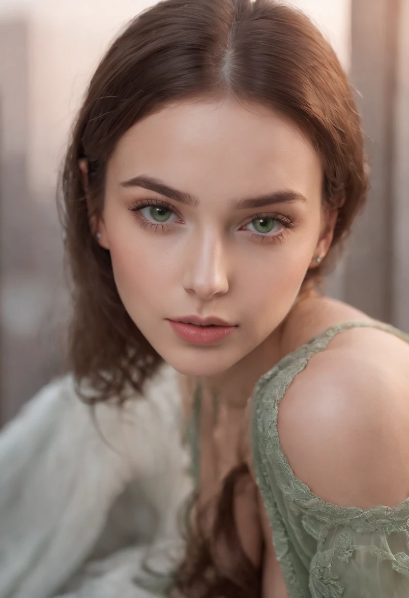 arafed woman, sexy girl with green eyes, portrait sophie mudd, brown hair and large eyes, bedroom eyes, violet myers, without makeup, natural makeup, looking directly at the camera, face with artgram, subtle makeup, stunning full body shot, piercing green eyes, beautiful angle, cute girl, full body picture, full body, full body shoot, brunette goddess, high detail, sexy pose, new york background