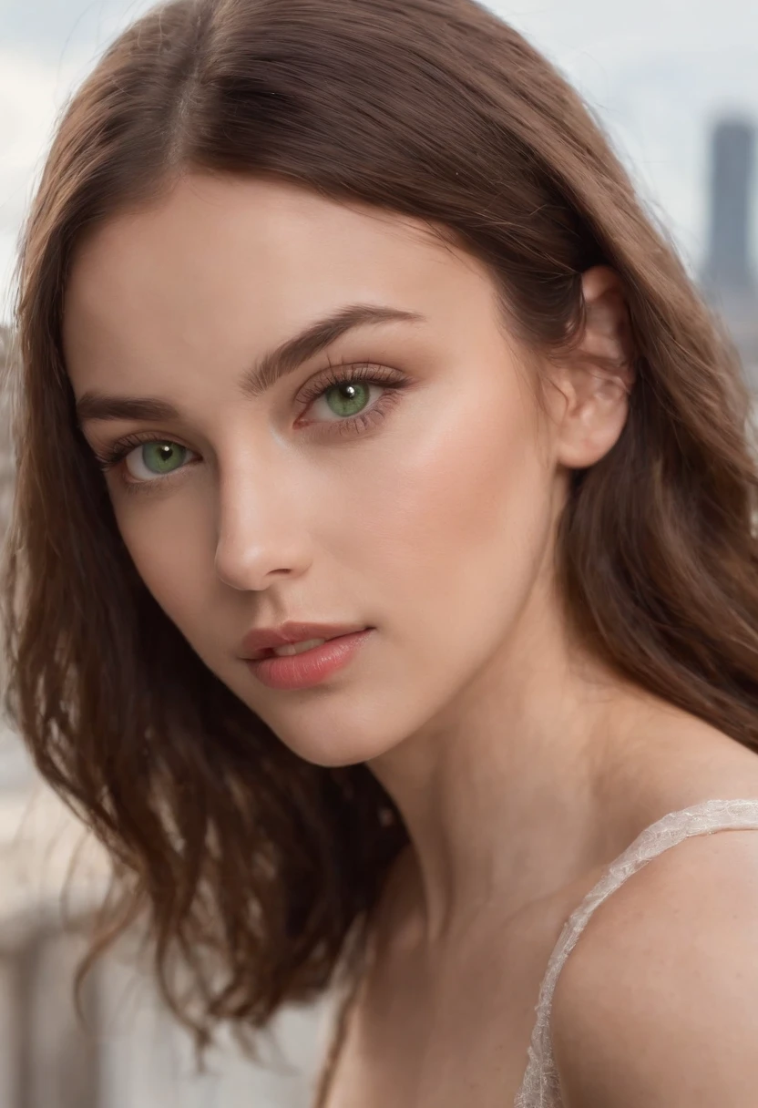 arafed woman, sexy girl with green eyes, portrait sophie mudd, brown hair and large eyes, bedroom eyes, violet myers, without makeup, natural makeup, looking directly at the camera, face with artgram, subtle makeup, stunning full body shot, piercing green eyes, beautiful angle, cute girl, full body picture, full body, full body shoot, brunette goddess, high detail, sexy pose, new york background