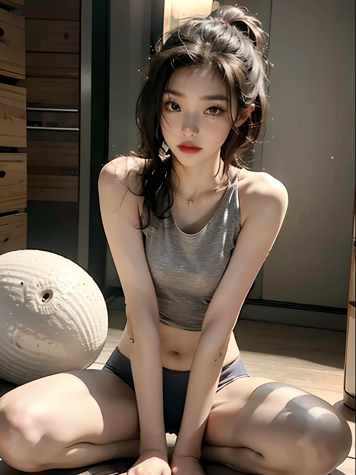 best qualtiy, tmasterpiece, 超高分辨率, (Fidelity: 1.4), RAW photogr, 1girll, Goose egg face, largeeyes,,, long eyelasher, painted light makeup, cropped shoulders, The shirt, cinmatic lighting, Summer nights, Heat, sweat leggs,Fully transparent underwear,,spread their legs,hands behind body