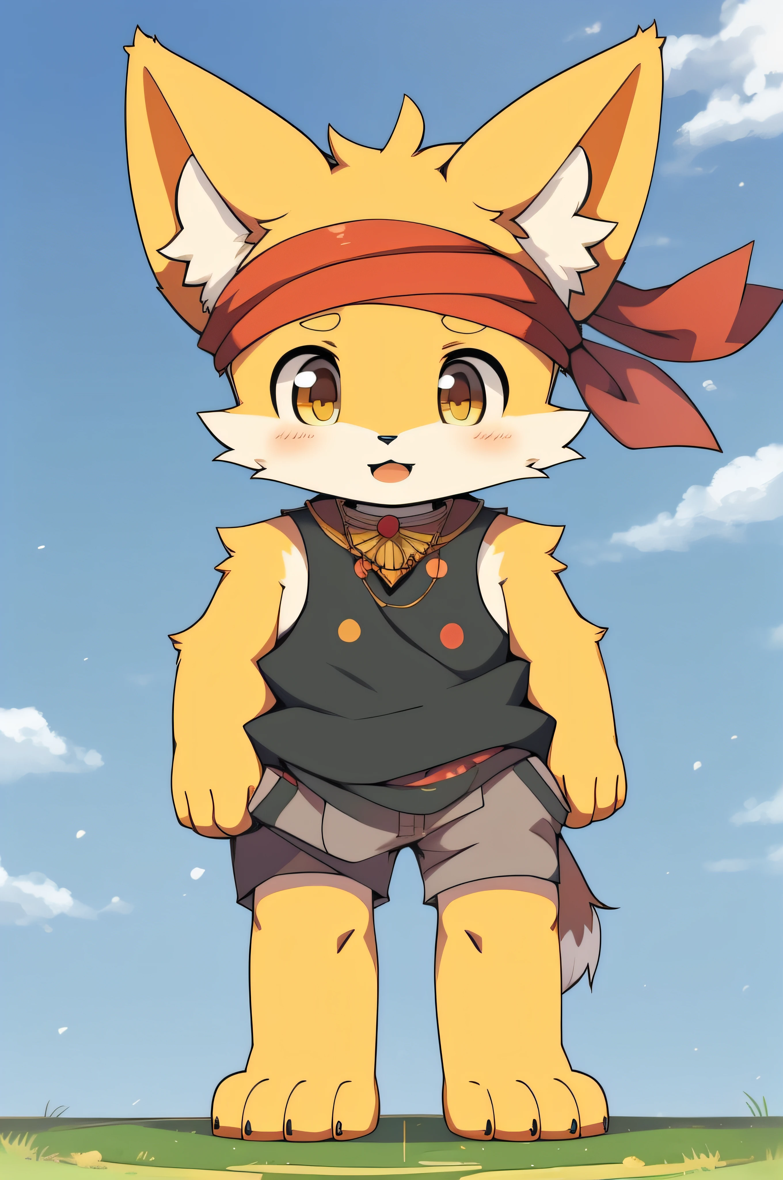 Anime - Style drawing of a cat with a turban on its head, Yellow fox as human, full bodyesbian:: Sunny weather::, fursona wearing stylish clothes, fursona!!!!, Furry anime, full bodyesbian!, anime style character, author：New Art, Yellow fox beast too, full body portrait of a short!, kemonomimi, Furry character, a dingo mascot