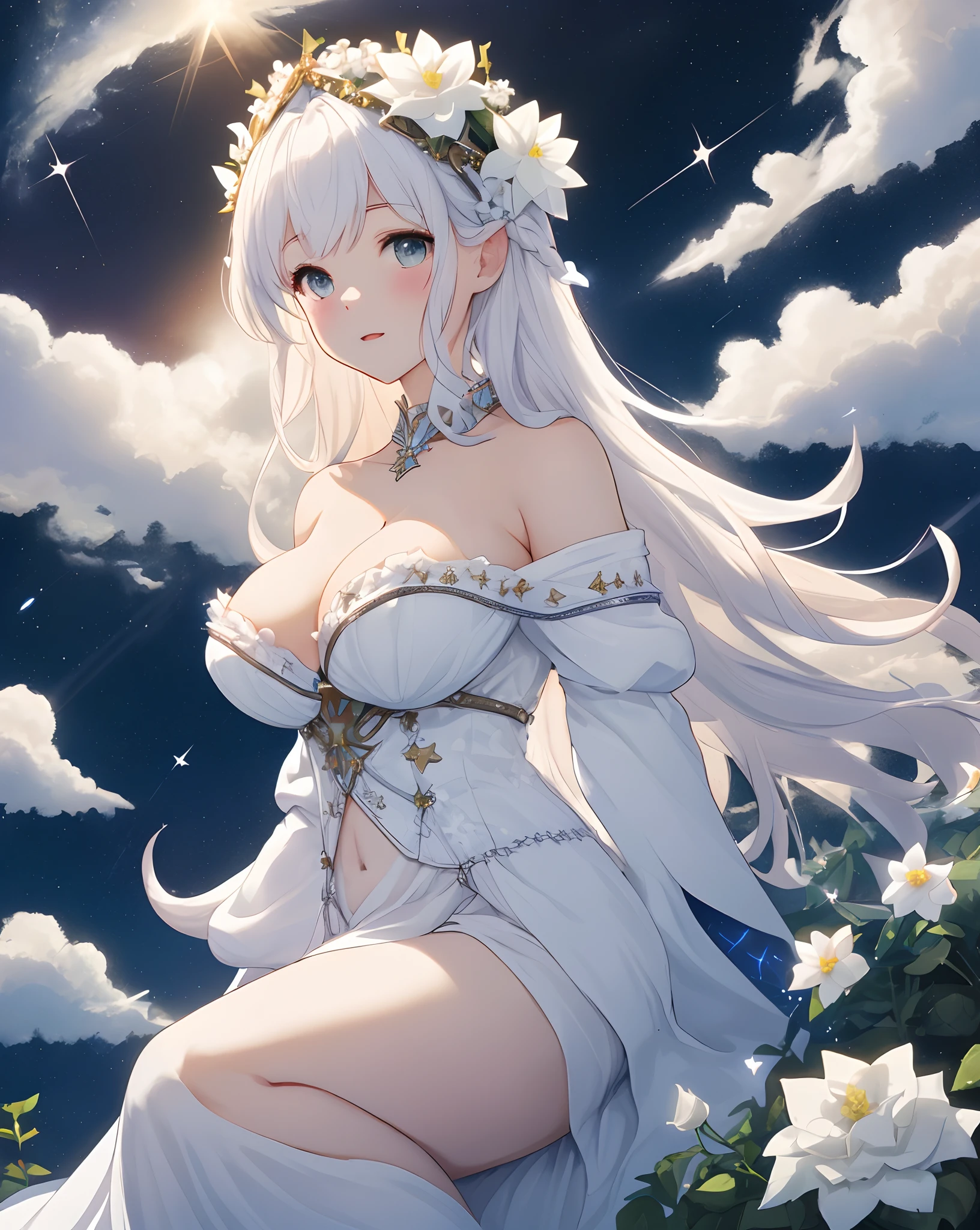 celestial goddess, afloat, Clouds, galaxias, Starcloud, There are large white flowers on the hair,Large breasts,cleavage,Off-the-shoulder attire