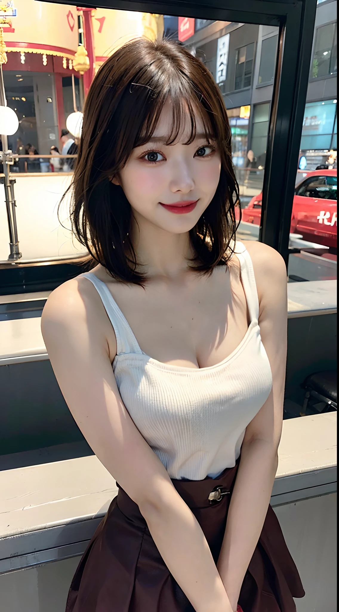Tabletop, highest quality, Photorealistic, In detail, High resolution, 8k wallpaper, Perfect dynamic composition, Beautiful fine details, Medium Hair, Big ample breasts, Random sexy poses,Put your chest together, (Open Chest Crop Tank Top White Knitwear Clear Crabbe), (Big Boobs:1.5), I can see your cleavage, facing forward, Laughter, Open your mouth, Resort scenery, (Droopy Eyes 1.4)、Cute Woman、ponytail