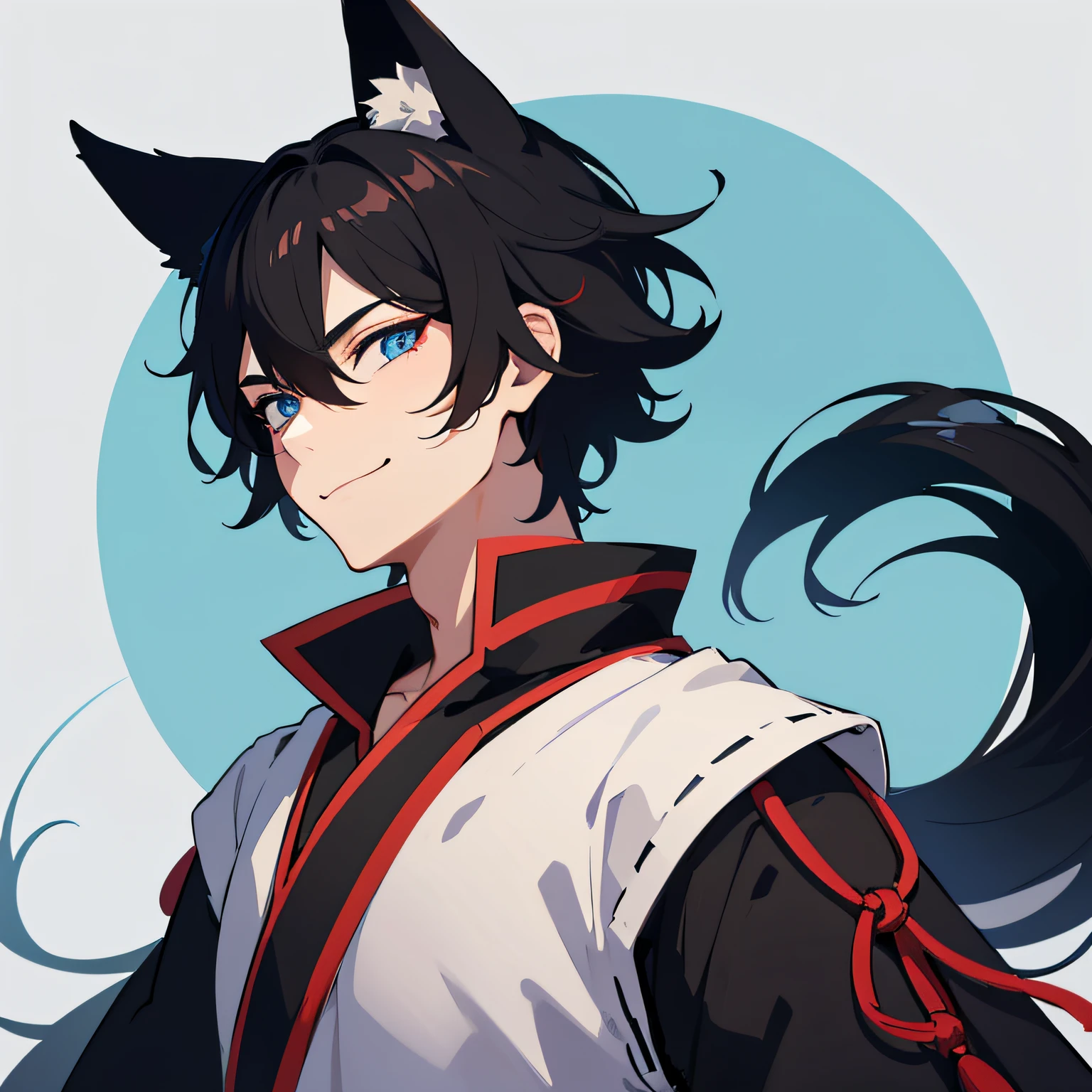 portrait, anime, simplified style, man, man with fox ears, man, black hair, blue eyes, hanfu, good quality, good anatomy, smile, red eyeliner around the eye, black hanfu.