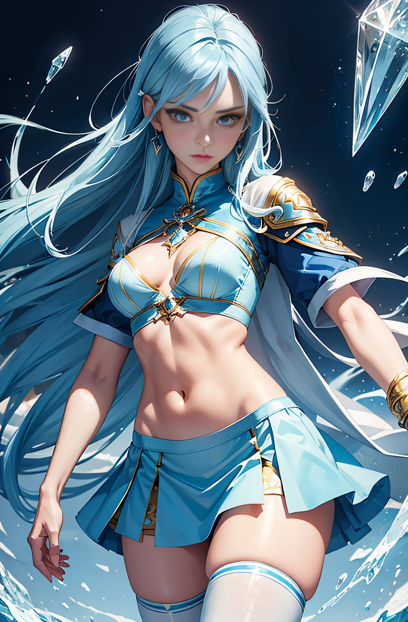 est quality, masterpiece, realistic, Beautiful sexy cool tall, slim, fit woman, wearing light blue skirt with stockings, fantasy shirt, exposed midriff, athletic body, intricate and highly detailed, long blue hair, sexy expression, casting ice magic fromher hands, ice god, ice master, ice magician, freezing
