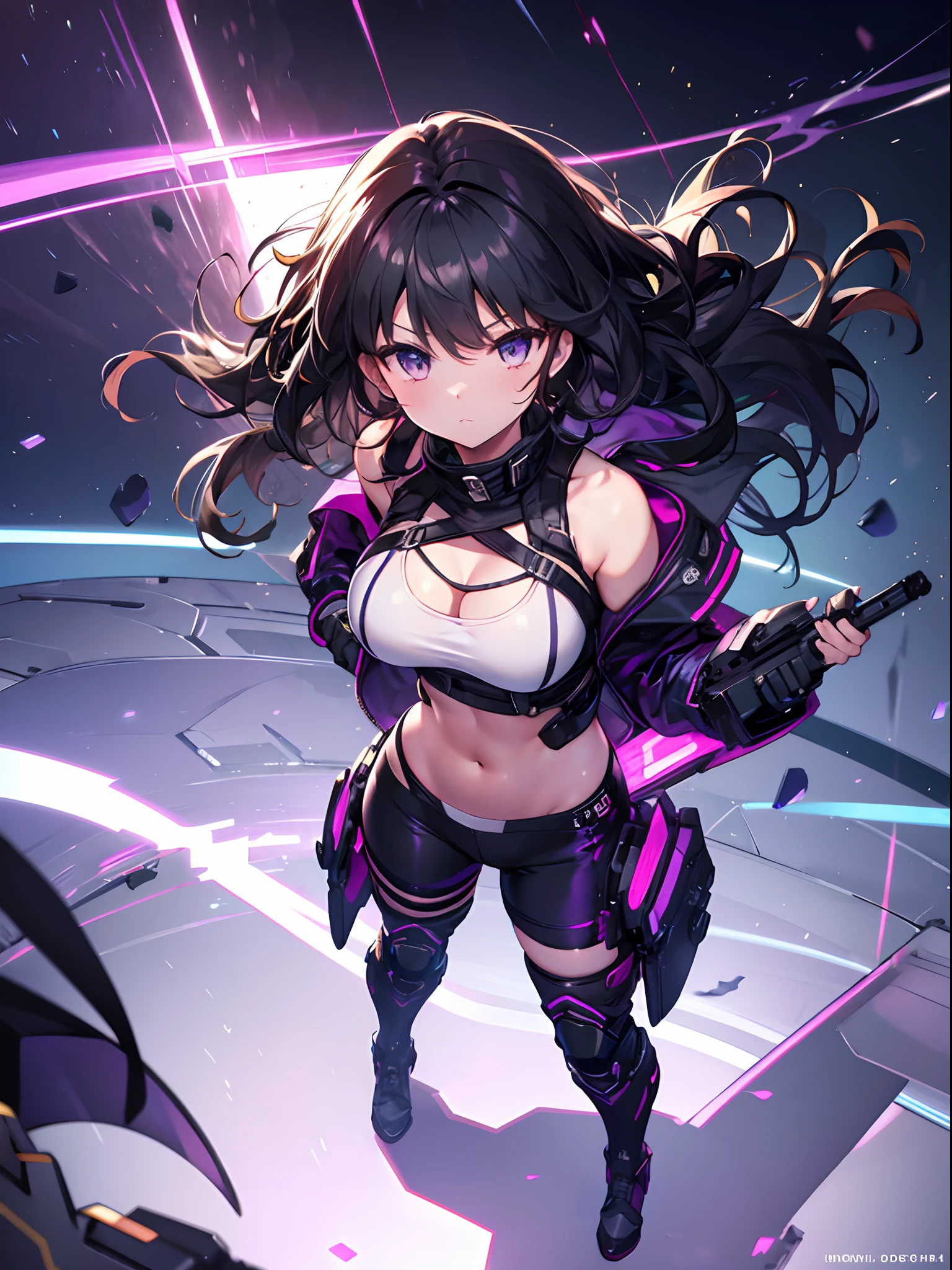 (Best Quality,4K,8K,hight resolution,),Ultra-detailed,,Golden Eyes,(Curly,Wavy) Black hair,Black tank top, White shorts, Purple tights, long boots, Fantasy Combat Suit, adventurer, Standing Pose, Black jacket、small stature、Colossal tits、Navel Ejection、look down from above、full body seen、Dynamism