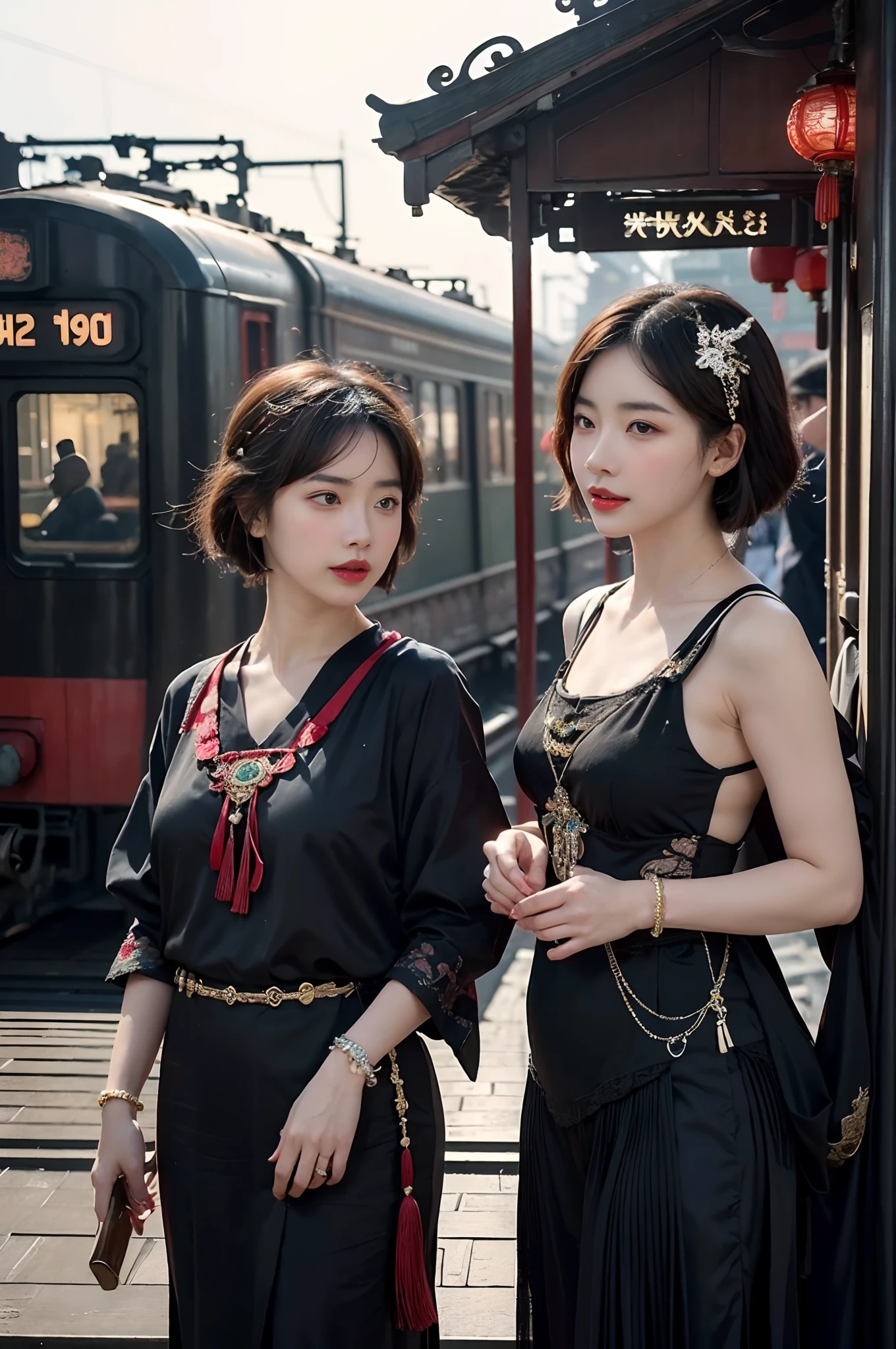 Two beautiful girls,leering:1.4, Lovers, Lesbians,(In the 1920s at the Shanghai Railway Station,Vintage train background:1.6),(Taoist hairstyle,Giant hair sticks:1.6,Oylan hair accessories,armlets, bangle:1.3),Dodge kisses,bauhause, bulgari, official valentino editorial,half-open lips, Suck your lips firmly, Drooling, elegant, Brilliant, Beautiful, Blush (0.2), Gorgeous, Beautiful, Gorgeous, gentle, Starry sky, Milky Way, Summer triangle, Tanabata and bamboo ornaments, Precise drawings, a detailed drawing,