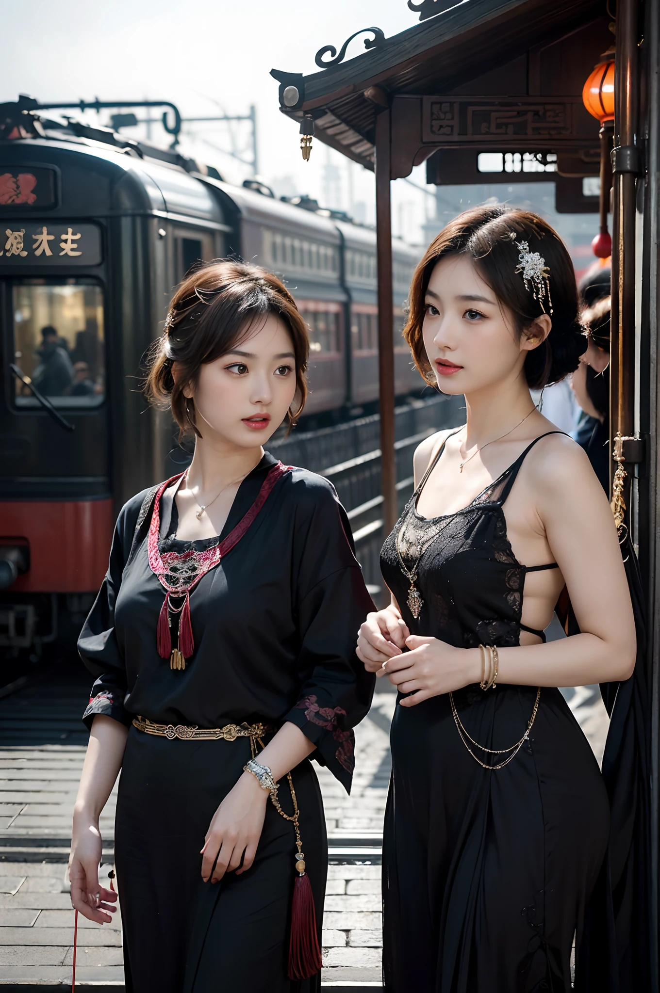 Two beautiful girls,leering:1.4, Lovers, Lesbians,(In the 1920s at the Shanghai Railway Station,Vintage train background:1.6),(Taoist hairstyle,Giant hair sticks:1.6,Oylan hair accessories,armlets, bangle:1.3),Dodge kisses,bauhause, bulgari, official valentino editorial,half-open lips, Suck your lips firmly, Drooling, elegant, Brilliant, Beautiful, Blush (0.2), Gorgeous, Beautiful, Gorgeous, gentle, Starry sky, Milky Way, Summer triangle, Tanabata and bamboo ornaments, Precise drawings, a detailed drawing,