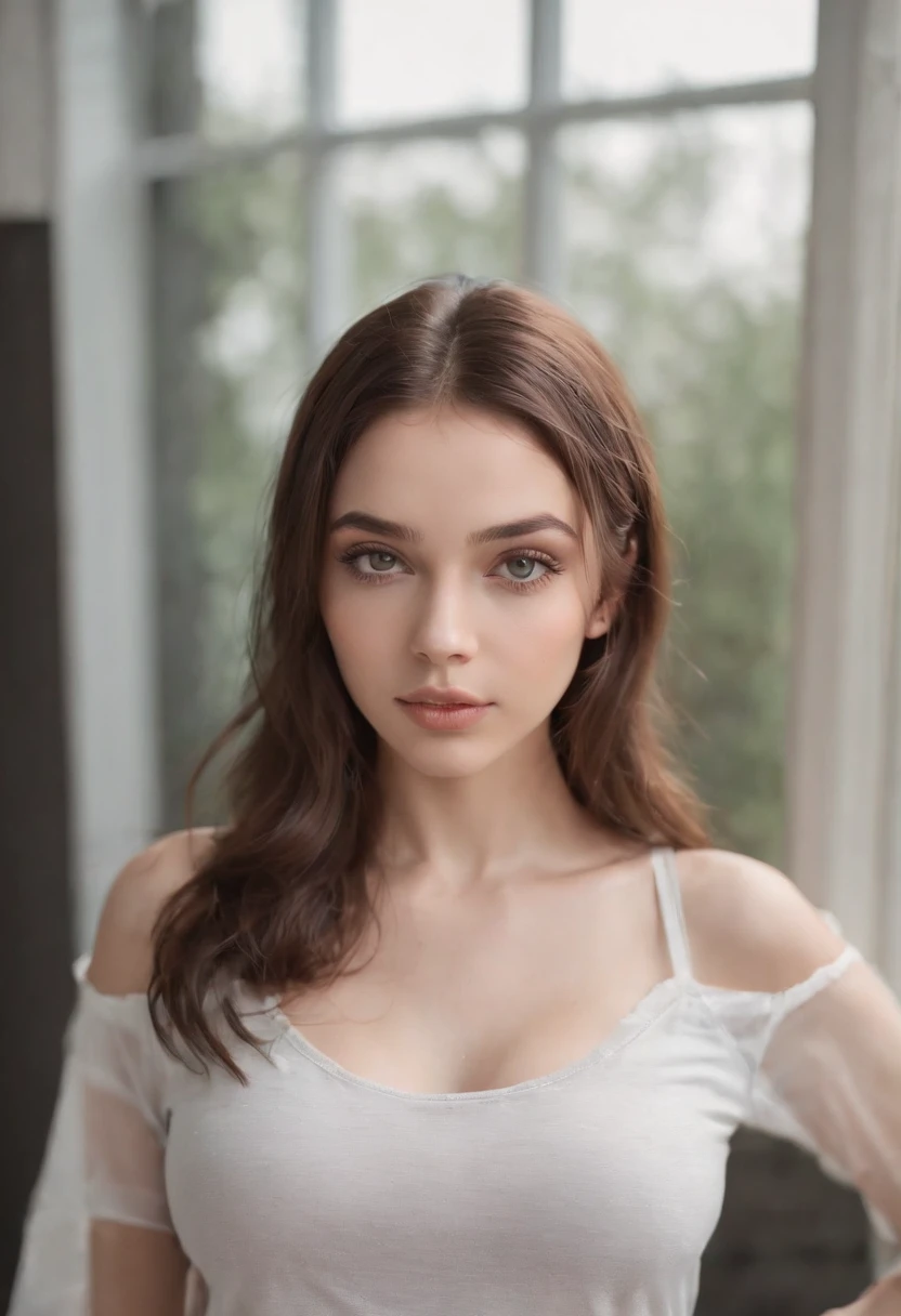 arafed woman, sexy girl with green eyes, portrait sophie mudd, brown hair and large eyes, selfie of a young woman, bedroom eyes, violet myers, without makeup, natural makeup, looking directly at the camera, face with artgram, subtle makeup, stunning full body shot, piercing green eyes, beautiful angle, cute girl, full body picture, full body, full body shoot, brunette goddess, high detail, sexy pose, rockband t-shirt, concert lighting, concert background