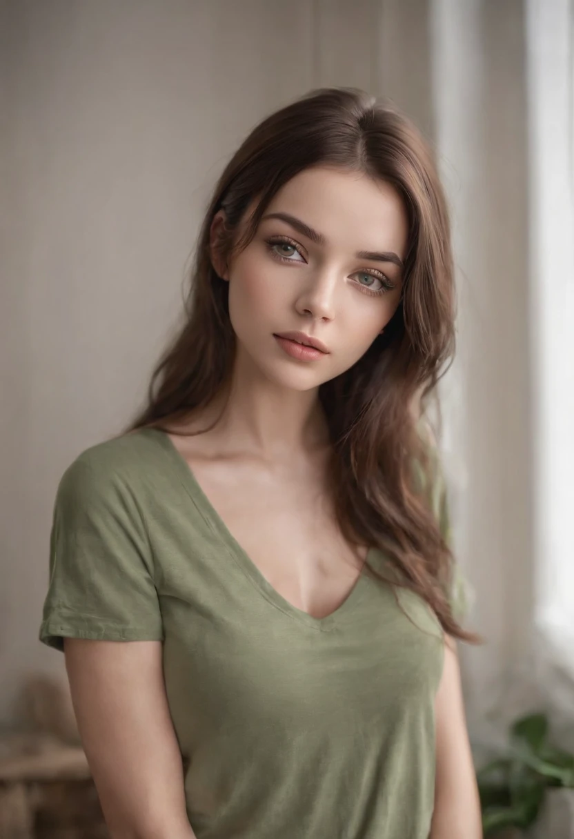 arafed woman, sexy girl with green eyes, portrait sophie mudd, brown hair and large eyes, selfie of a young woman, bedroom eyes, violet myers, without makeup, natural makeup, looking directly at the camera, face with artgram, subtle makeup, stunning full body shot, piercing green eyes, beautiful angle, cute girl, full body picture, full body, full body shoot, brunette goddess, high detail, sexy pose, rockband t-shirt, concert lighting, concert background