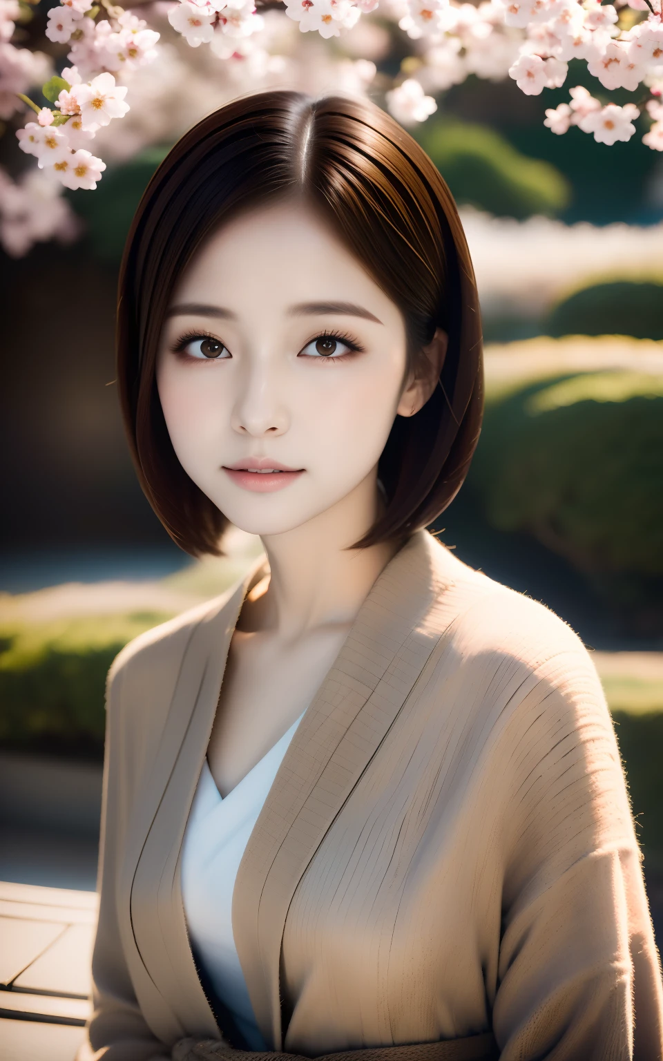 masutepiece, Best Quality, 8K, 1girl in, right hand, Correct human finger, japanaese girl, close up of face, Cute, Girly, Delicate girl, Neat and clean beauty,Cowboy Shot, Detailed eyes, Capturing light in the eyes, medium breasts, Sexy lips, Luminescent, Looking away, Raw photo, Anatomically correct, Bokeh,Textured skin, Professional Photography, Portrait, Soft light, Professional Lighting, Back Light, Film grain, (Eyes and faces with detailed:1.0), Brown hair, Short hair swaying in the wind, Bangs, Superb view cherry blossom garden in full bloom,