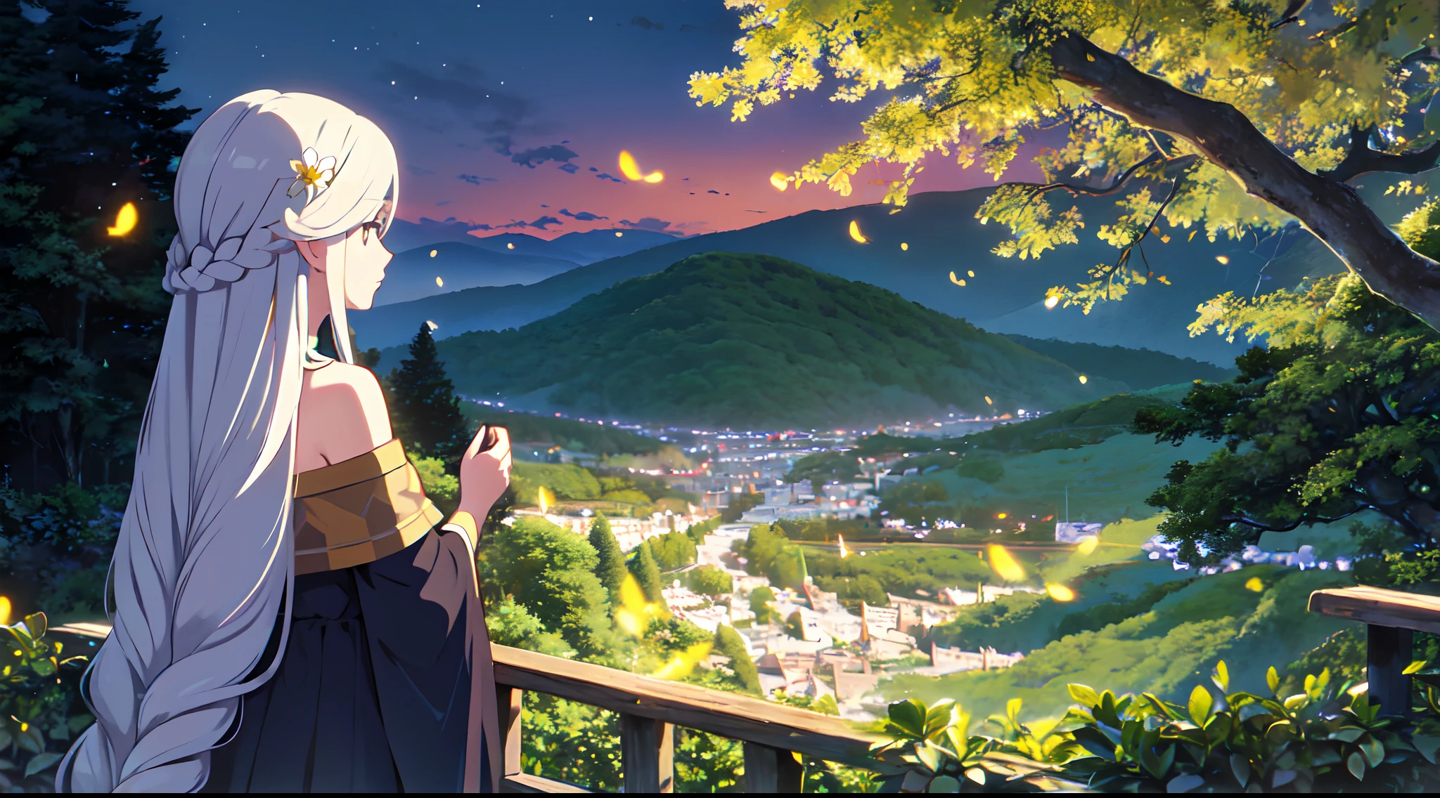 masterpiece, best quality, 1lady, solo, very long white hair, blowing hair, (flower hair ornament), (braided hair), earrings, behind view, back view, close up, night, fireflies, tree, mountain, dark, scenery, forest, fantasy, off shoulder blue dress