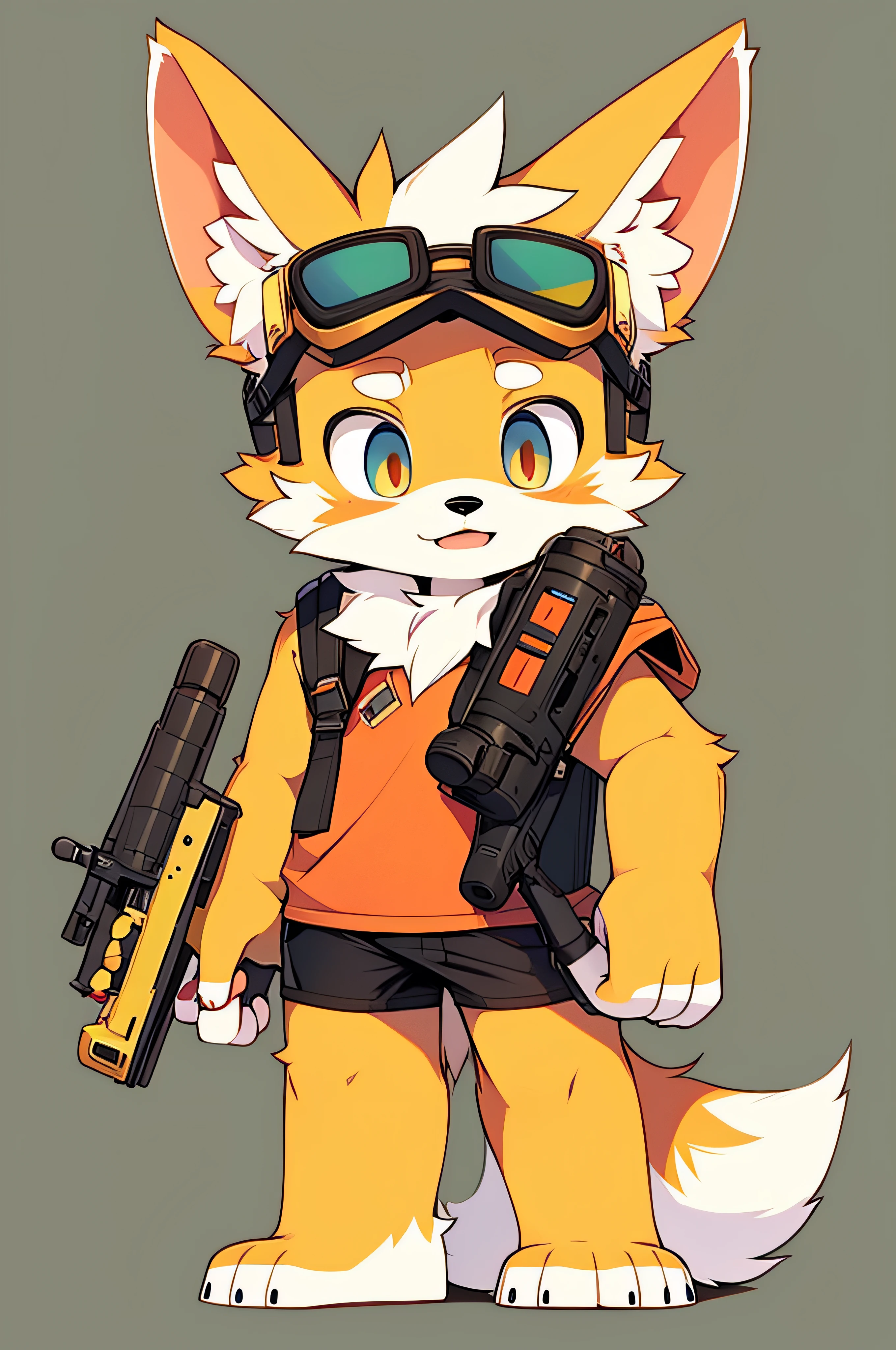 There is a cartoon big-eared fox wearing goggles and a gun, Furry character, Golden fox as human, generic furry style, furry furaffinity, furry fursona, fursona wearing stylish clothes, furaffinity commission, fursona!!!!, fursona commission, fursona furry art commission, fursona art, furry digital art, full body portrait of a short!