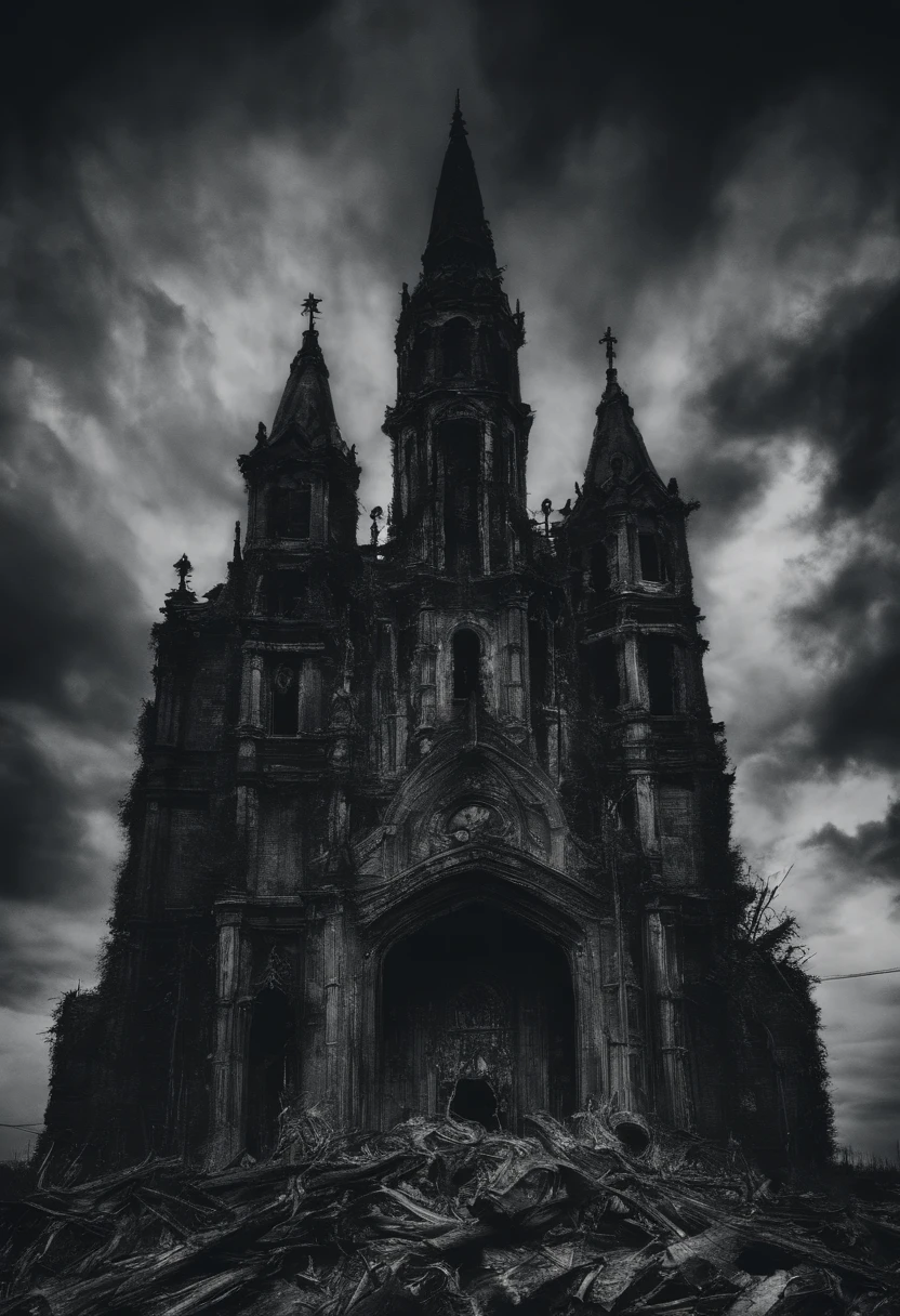 Gigantic demon in the midst of clouds behind a burning church, noite escura