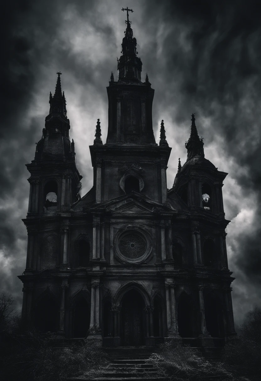 Gigantic demon in the midst of clouds behind a burning church, noite escura