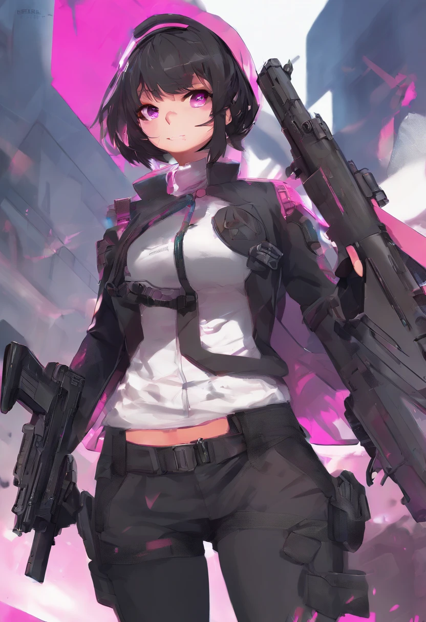 (ultra-detailed), (best illustration),(best shadow), (sharp eyeliner, eyeshadow, detailed eyes:1.1),, , anime black girl with a gun and a uniform on, thicc, commission for high res, cutesexyrobutts, (sfw) safe for work, bottom body close up, shorts, ripped leggings, black hair, fuchsia eyes (extremely detailed CG unity 8k wallpaper),(masterpiece), (best quality)