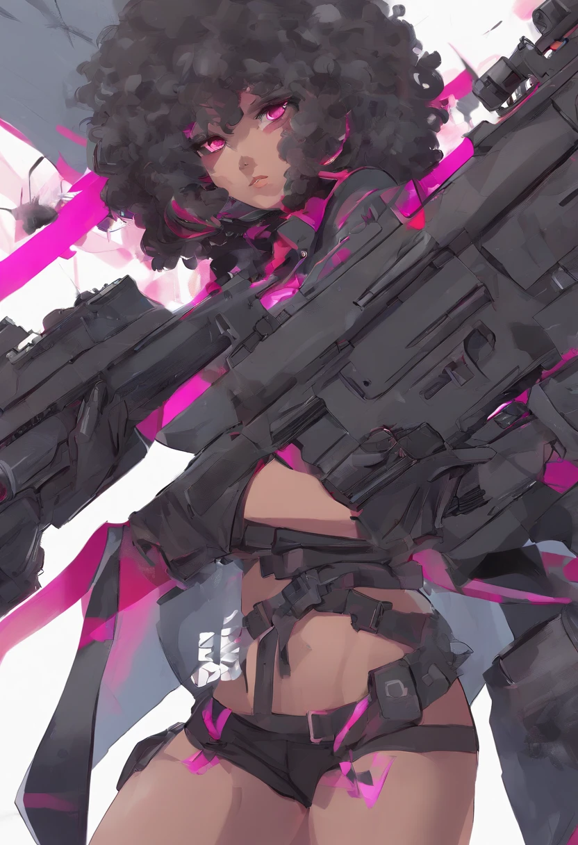 (ultra-detailed), (best illustration),(best shadow), (sharp eyeliner, eyeshadow, detailed eyes:1.1),, , anime black girl with a gun and a uniform on, thicc, commission for high res, cutesexyrobutts, (sfw) safe for work, bottom body close up, shorts, ripped leggings, black hair, fuchsia eyes (extremely detailed CG unity 8k wallpaper),(masterpiece), (best quality)