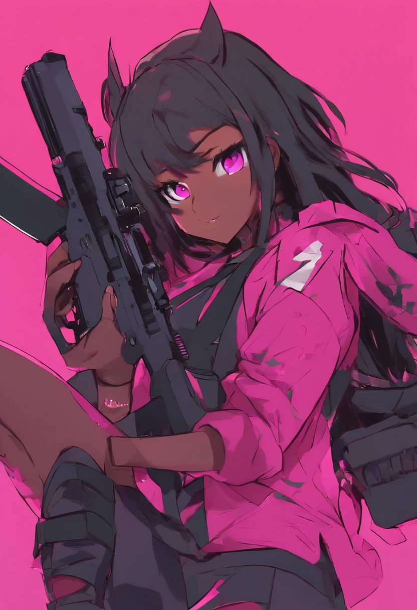 (ultra-detailed), (best illustration),(best shadow), (sharp eyeliner, eyeshadow, detailed eyes:1.1),, , anime black girl with a gun and a uniform on, thicc, commission for high res, cutesexyrobutts, (sfw) safe for work, bottom body close up, shorts, ripped leggings, black hair, fuchsia eyes (extremely detailed CG unity 8k wallpaper),(masterpiece), (best quality)