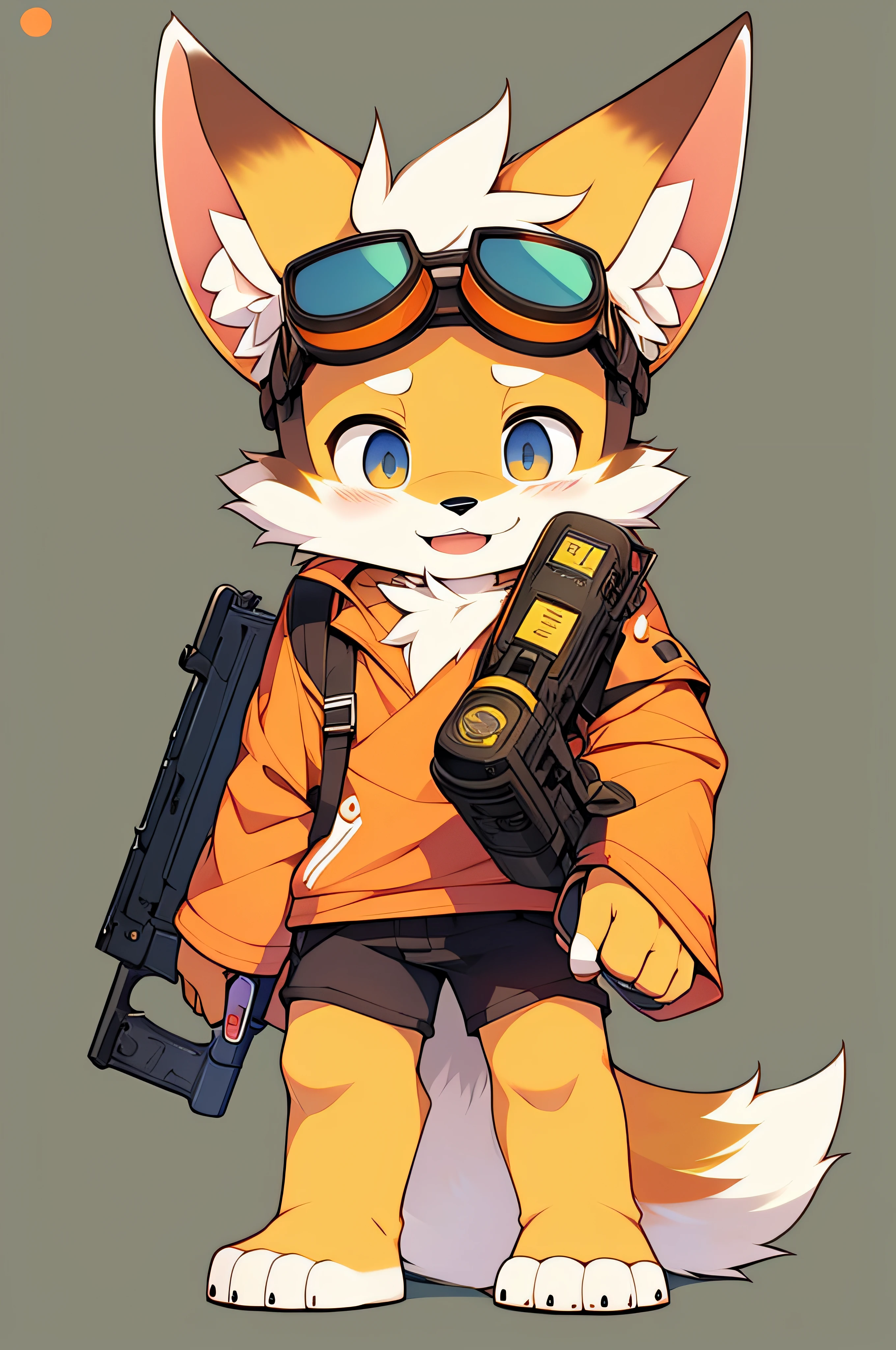 There is a cartoon big-eared fox wearing goggles and a gun, Furry character, Golden fox as human, generic furry style, furry furaffinity, furry fursona, fursona wearing stylish clothes, furaffinity commission, fursona!!!!, fursona commission, fursona furry art commission, fursona art, furry digital art, full body portrait of a short!