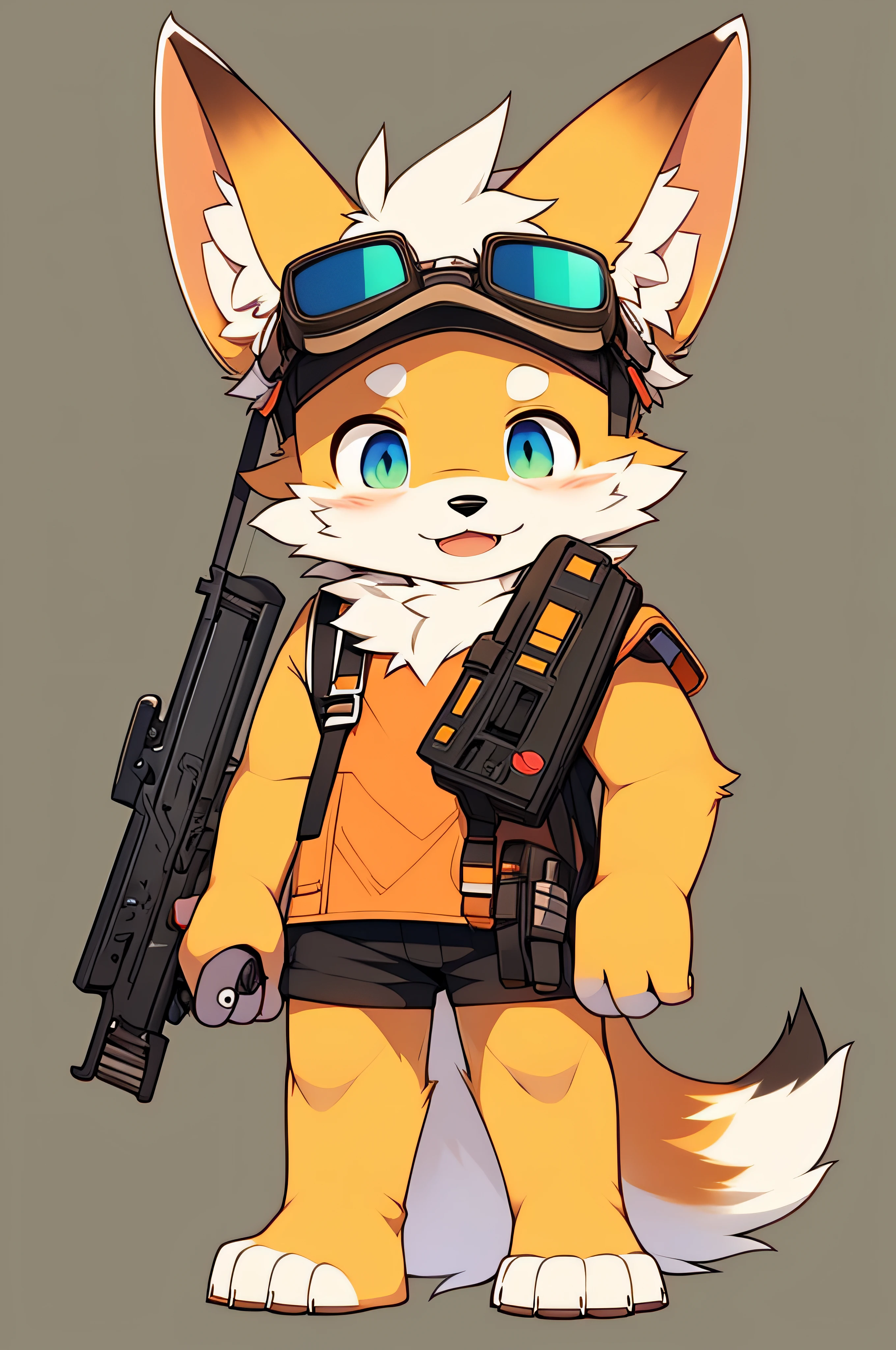 There is a cartoon big-eared fox wearing goggles and a gun, Furry character, Golden fox as human, generic furry style, furry furaffinity, furry fursona, fursona wearing stylish clothes, furaffinity commission, fursona!!!!, fursona commission, fursona furry art commission, fursona art, furry digital art, full body portrait of a short!