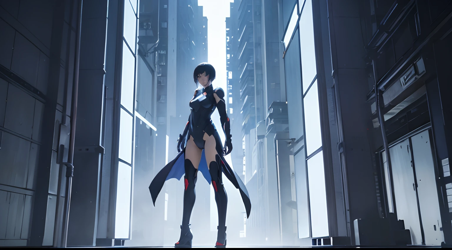 Ghost in the Shell、Ghost in the Shell、stand alone complex、((1 female、5 men))、simple background、white backgrounid、Full body like、Stand at equal intervals