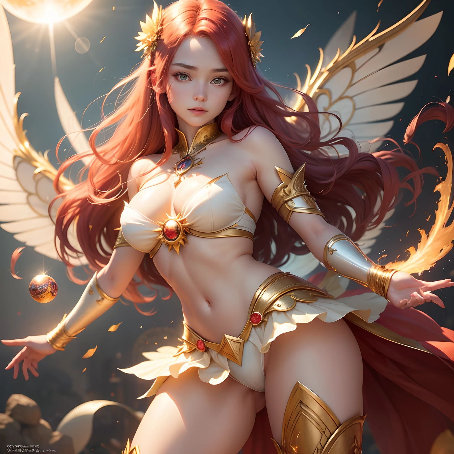 (Best Quality,Ultra-detailed,Realistic:1.37)、Sun Fairy、An 18-year-old woman、Winters　Personification of the Sun、(Sharp eyes:1.5)、Bewitching look、red hairs、Fairy with wings、(Costumes designed with sun motifs、Emphasis on the characteristics of the sun)、Holding a dazzling ball of light in his hand、Dazzling、Rich in nature、Full body