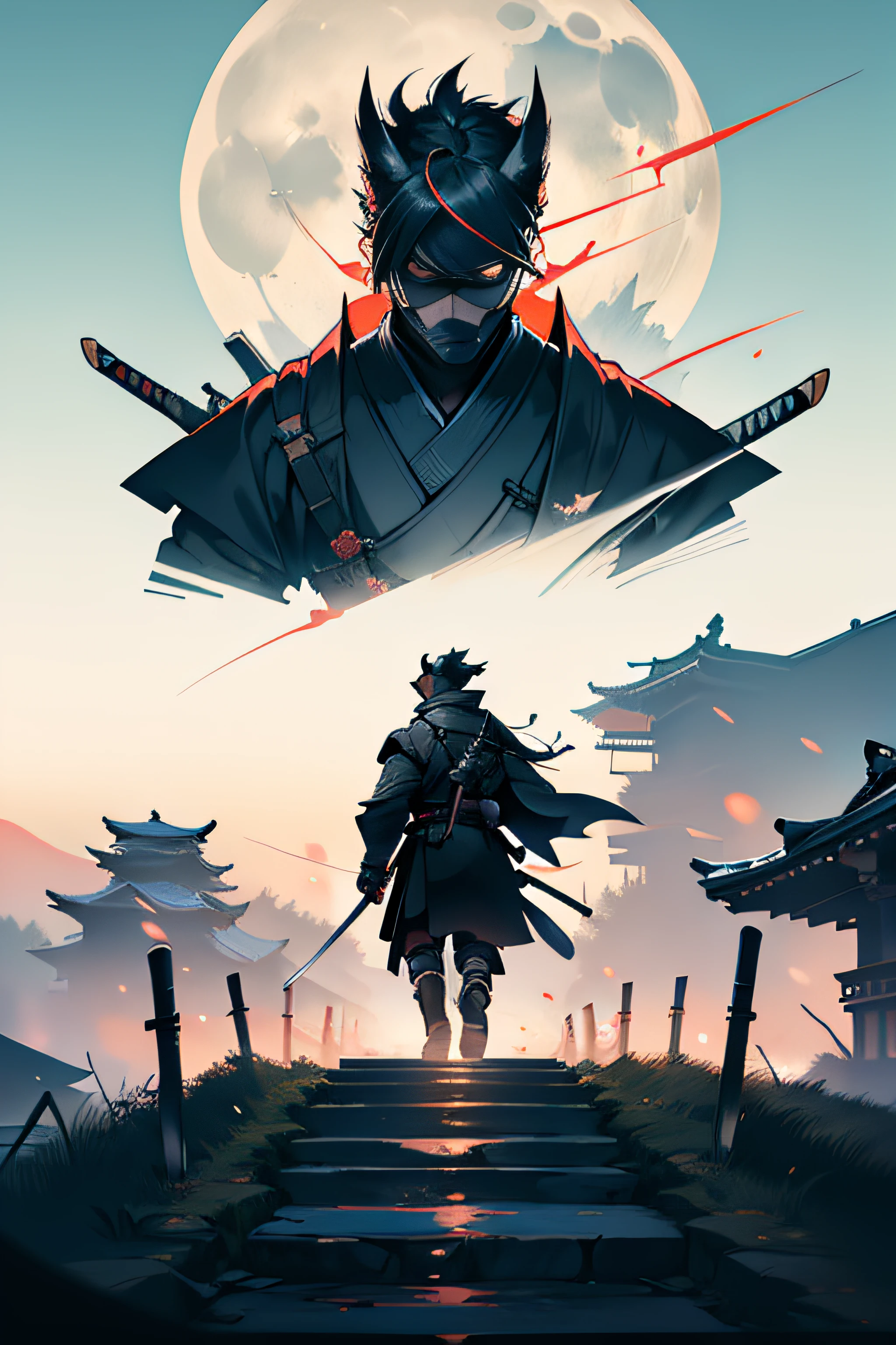 (Masterpiece, Best Quality), 8k Wallpaper, highly detailed, ronin, samurai, katana, japan, night, moonlight, vector style art.