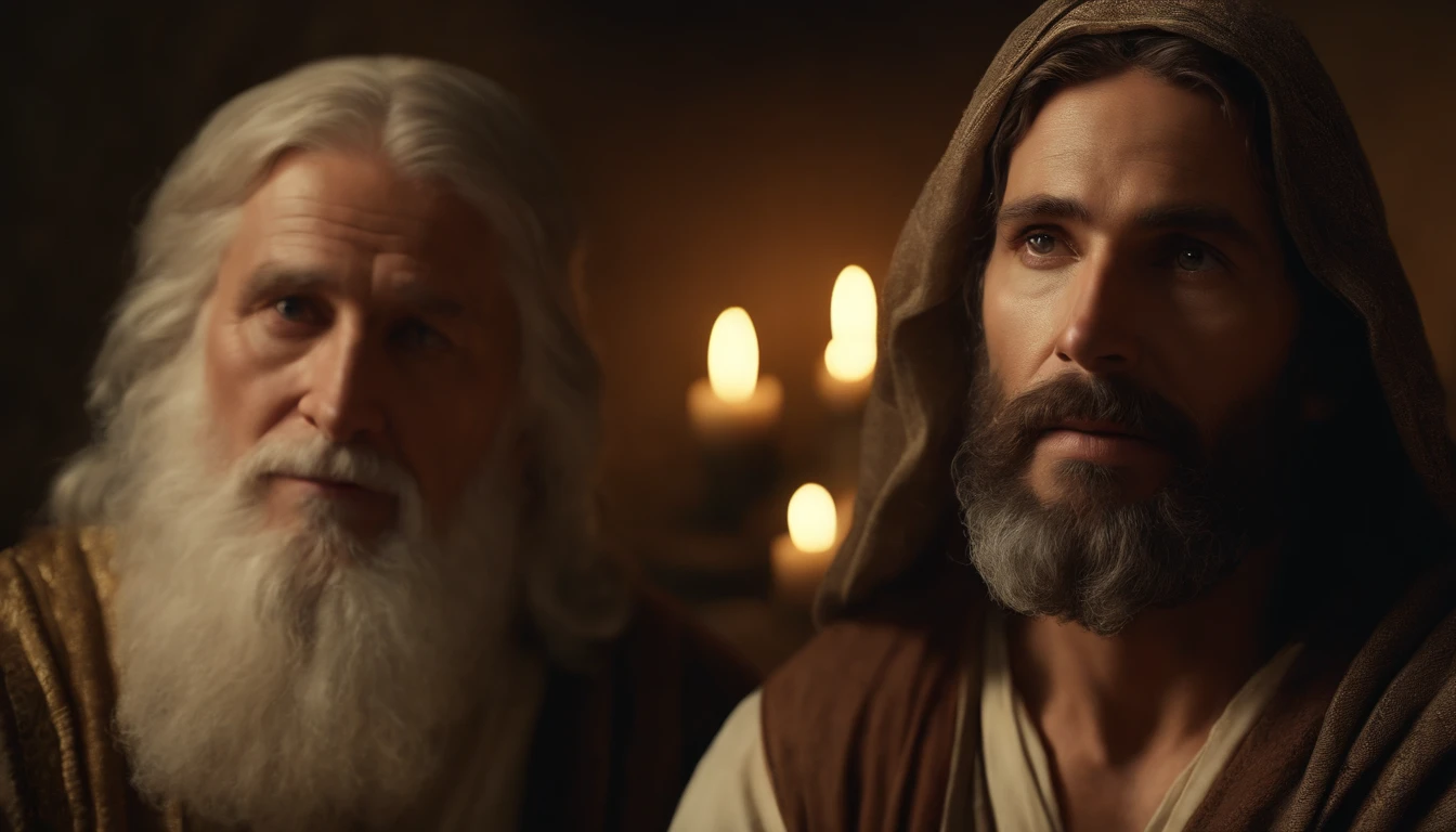(best quality,4k,8k,highres,masterpiece:1.2),ultra-detailed,(realistic,photorealistic,photo-realistic:1.37),portraits,
Jesus and Nicodemus under a starry night, symbolizing the continuous transformation of life, intricate details of Jesus' compassionate eyes and serene expression, Nicodemus' astonished expression and furrowed brows, their faces bathed in gentle moonlight. The oil painting style evokes a classic Renaissance masterpiece, with vibrant and harmonious colors. The background showcases a lush garden with blooming flowers, adding a sense of serenity and spirituality. The soft, warm lighting creates a peaceful and divine atmosphere.