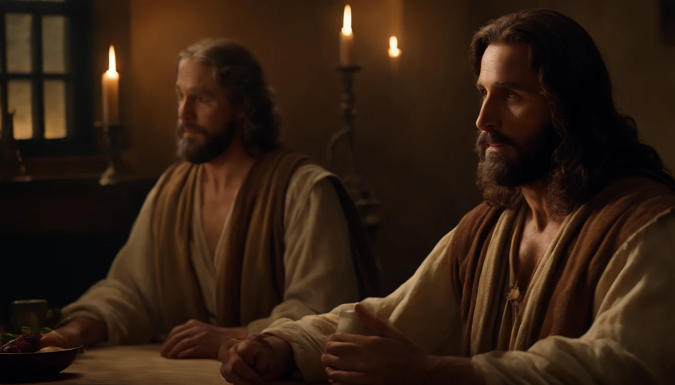 (best quality,4k,8k,highres,masterpiece:1.2),ultra-detailed,(realistic,photorealistic,photo-realistic:1.37),portraits,
Jesus and Nicodemus under a starry night, symbolizing the continuous transformation of life, intricate details of Jesus' compassionate eyes and serene expression, Nicodemus' astonished expression and furrowed brows, their faces bathed in gentle moonlight. The oil painting style evokes a classic Renaissance masterpiece, with vibrant and harmonious colors. The background showcases a lush garden with blooming flowers, adding a sense of serenity and spirituality. The soft, warm lighting creates a peaceful and divine atmosphere.