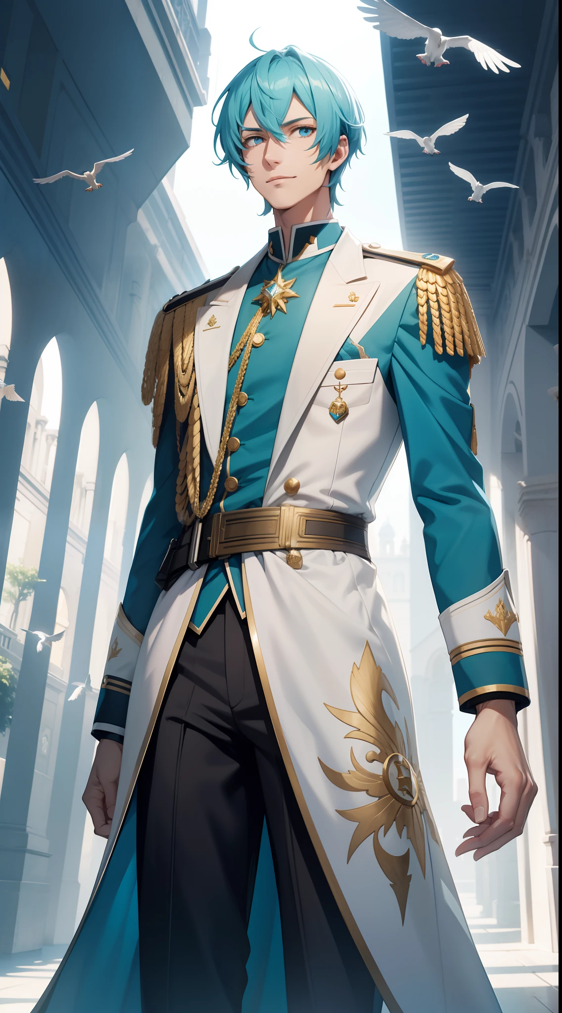 Tall guy, Stunted pigeons, Cyan eyes, ssmile, Beautiful white soldier's uniform, Gold Elements, Two magic pistols, hiquality, 4k, HD, Good detail