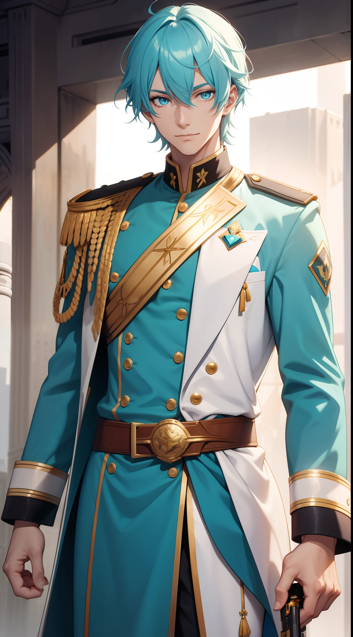 Tall guy, Stunted pigeons, Cyan eyes, ssmile, Beautiful white soldier's uniform, Gold Elements, Two magic pistols, hiquality, 4k, HD, Good detail