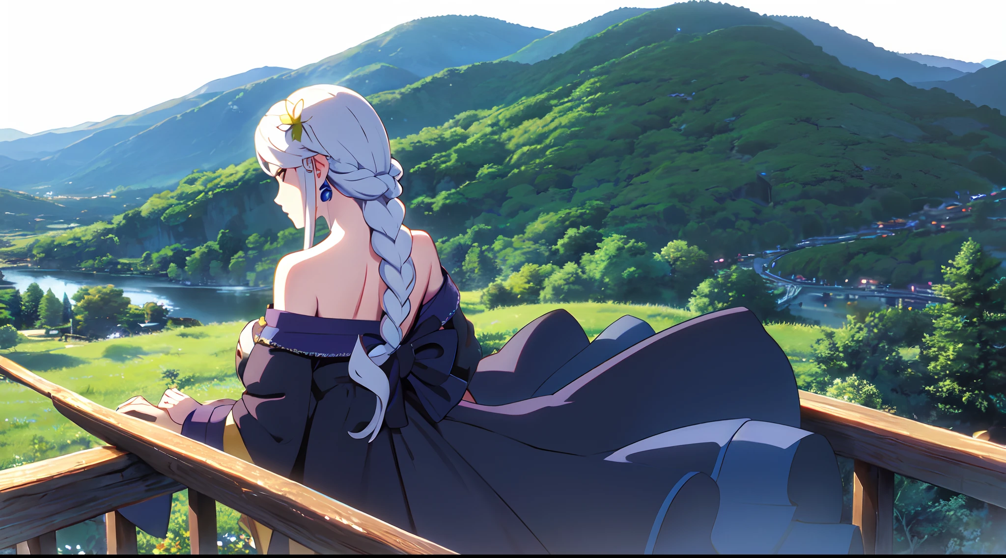 masterpiece, best quality, 1lady, solo, very long white hair, blowing hair, (flower hair ornament), (braided hair), earrings, behind view, back view, close up, night, fireflies, tree, mountain, dark, scenery, forest, fantasy, off shoulder blue dress