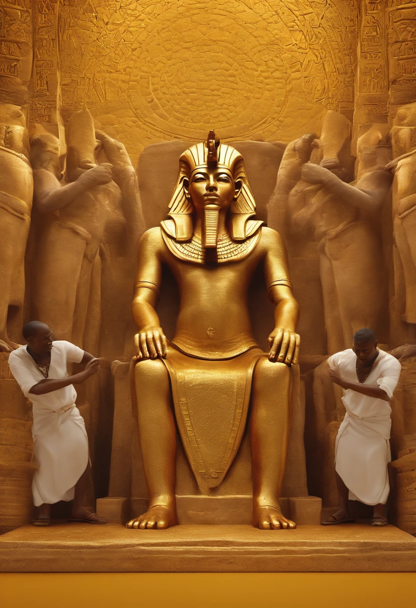 A visual representation of Pharaoh Peppy 2 surrounded by slaves greased with honey to ward off flies, ilustrando o plano astuto que ele engendrou para se livrar das moscas.