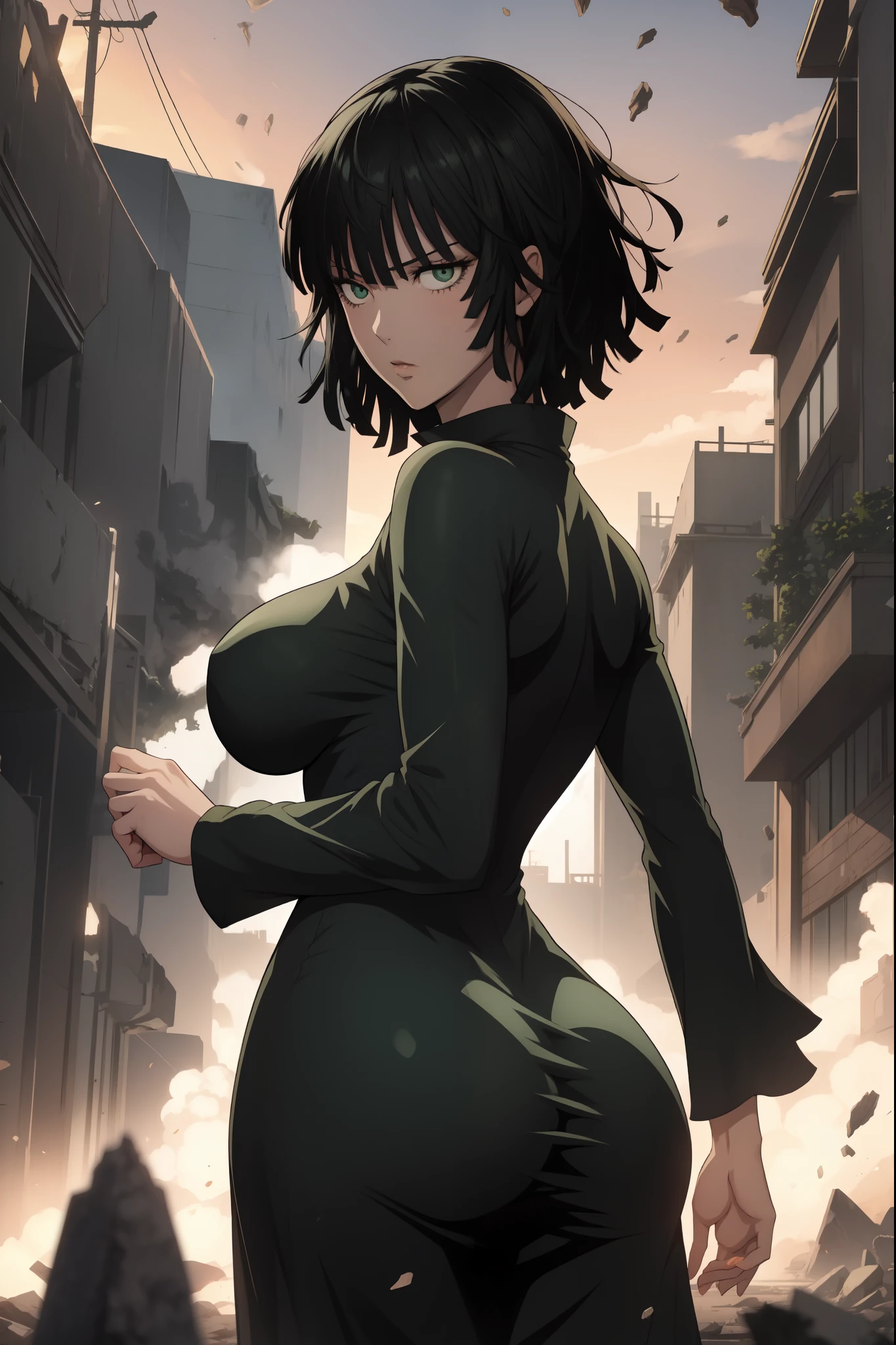 Anime art style, Fubuki from one punch man, green hair, white skin, wearing V-neck dress, standing on destroyed city, cinematic lights, blushing cheeks, big breast, big booty, back view.