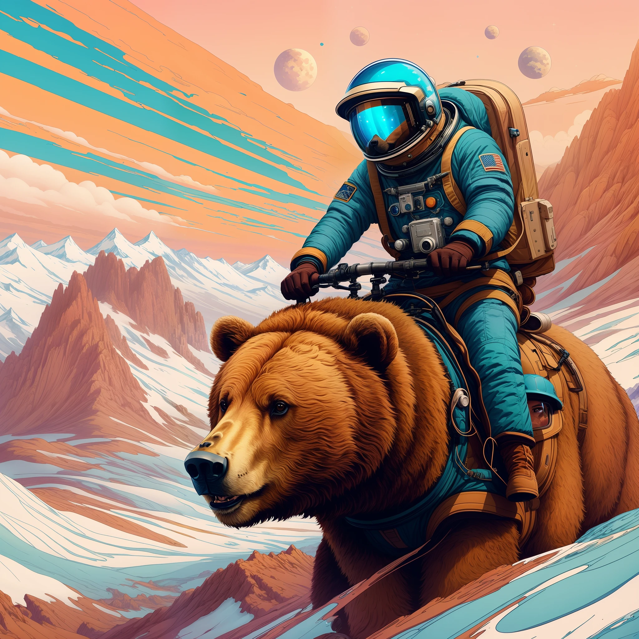 astronaut riding a bear in the mountains with a helmet on, inspired by Cyril Rolando, jen bartel, in style of cyril rolando, beeple and tim hildebrandt, beeple and jeremiah ketner, cyril rolando and m. w kaluta, cyril rolando and m.w kaluta, chillhop, inspired by NEVERCREW, lonely astronaut
