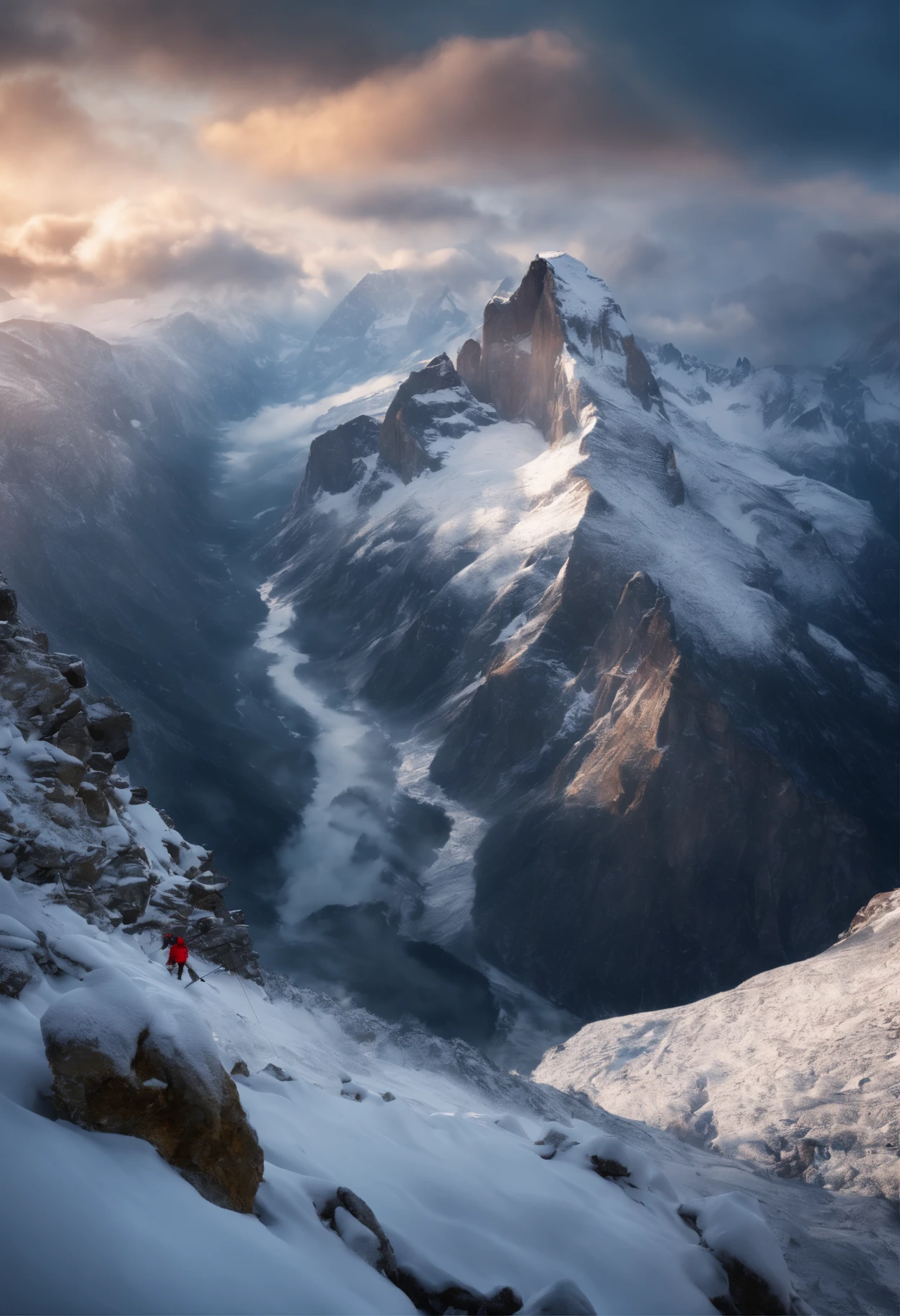 Best Quality, masuter piece, 超A high resolution, (Photorealistic:1.4), Raw photo, Professional Lighting, high-level image quality, high-detail, masterpiece、Snow-capped climbing