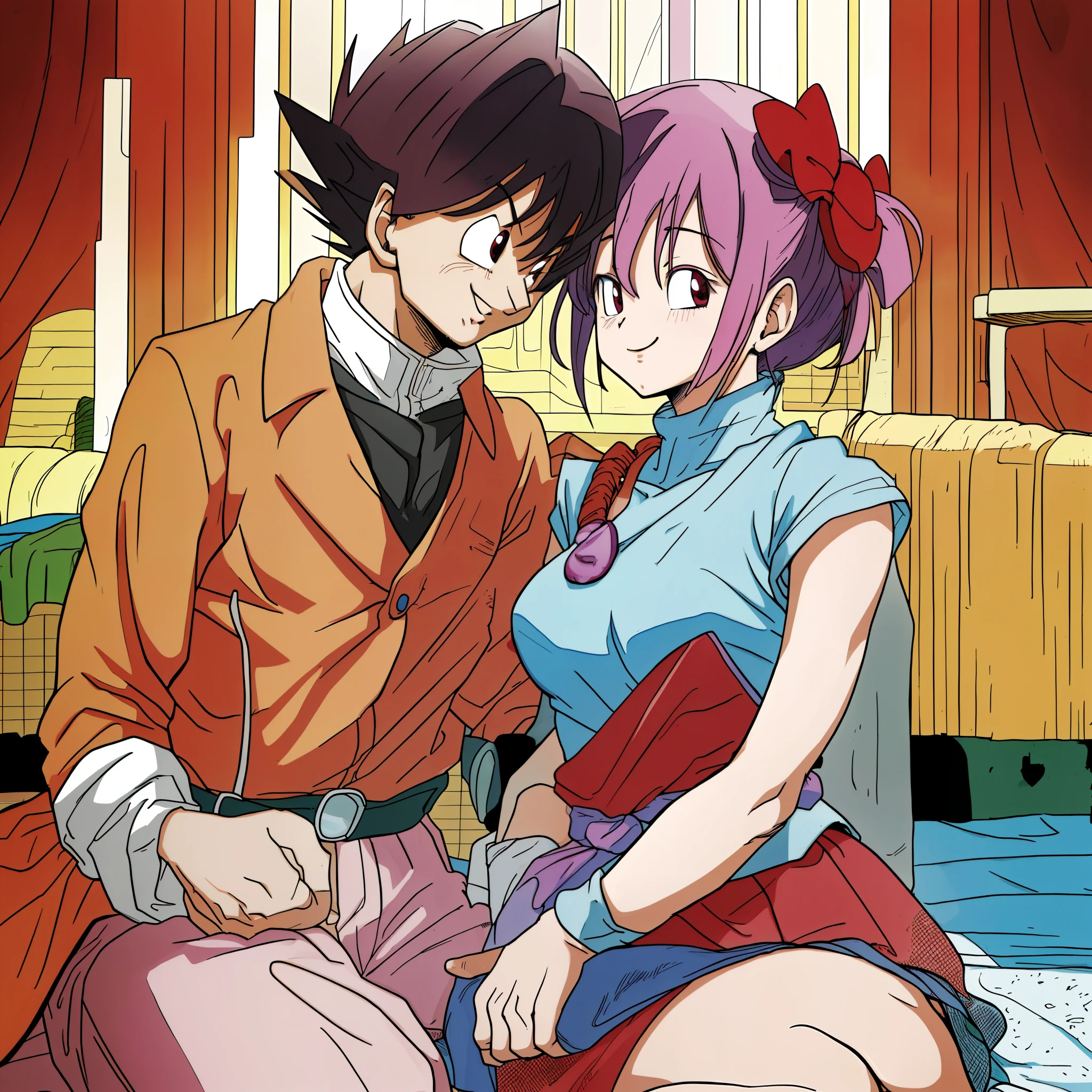 madoka,son goku,couple,husband and wife,love dovey couple,sitting,hug,,smile,(best quality,4k,8k,highres,masterpiece:1.2),ultra-detailed,picnic,