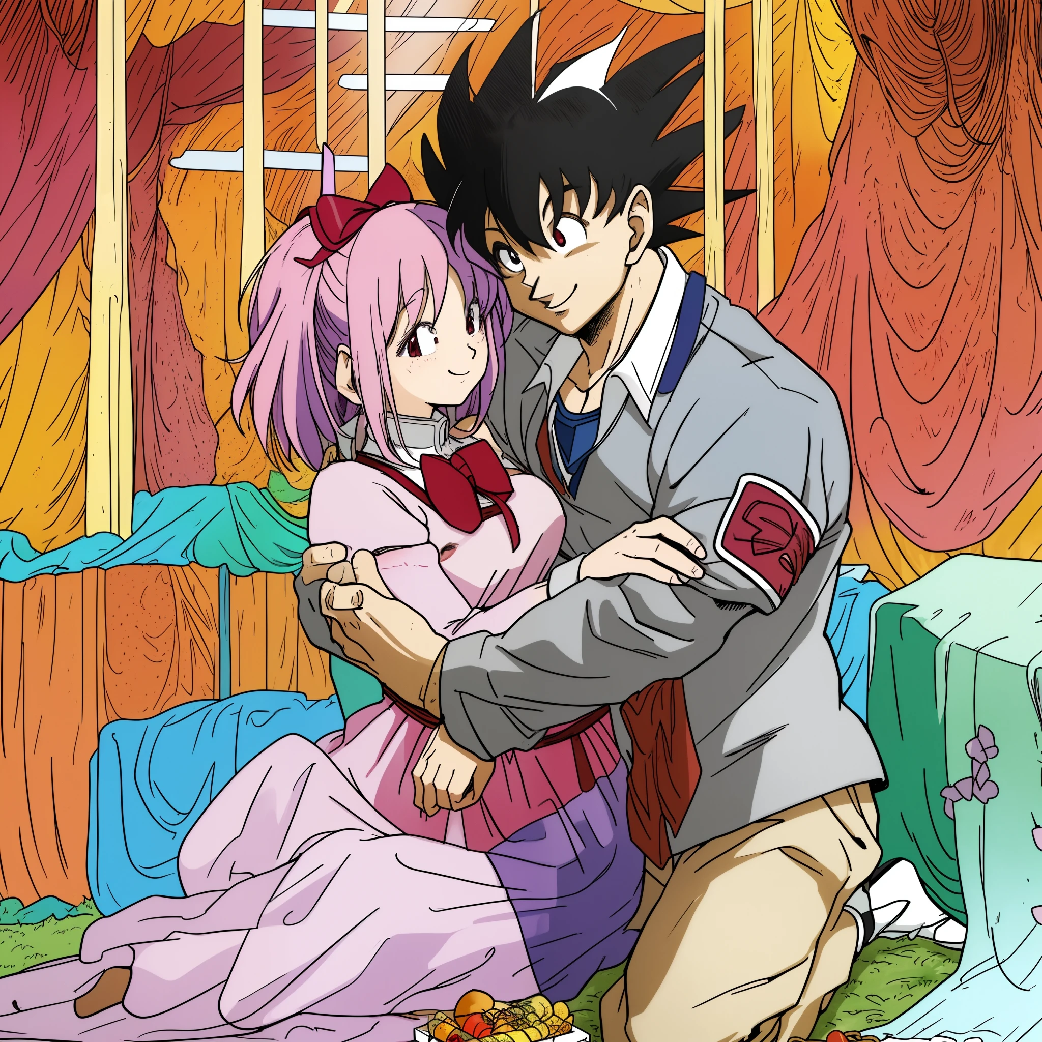 madoka,son goku,couple,husband and wife,love dovey couple,sitting,hug,,smile,(best quality,4k,8k,highres,masterpiece:1.2),ultra-detailed,picnic,