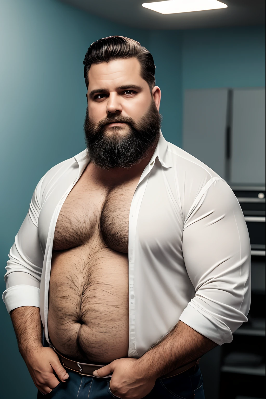 Professional retro-style photograph of a fat middle-aged man with short military-style haircut, ((barba longa e grisalha)), ((corpo peludo)), vestindo uma jaqueta de couro preta (((sem camisa por baixo))). retrato de meio corpo, fundo preto, Chiaroscuro Studio Technique, ultrarrealista e altamente detalhado. Retro-style lighting can be applied as needed.