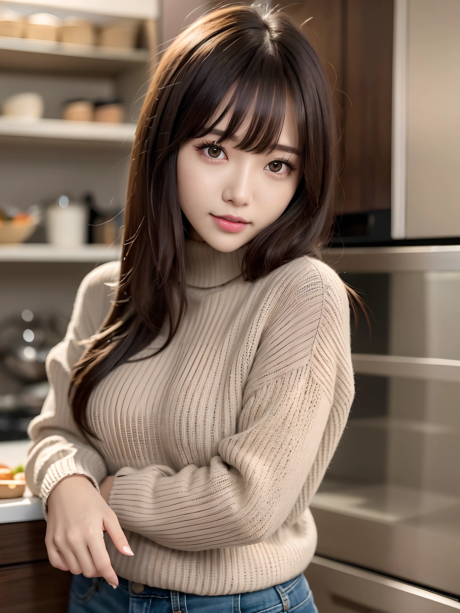 product quality, 1 girl, cowboy shot, front view, a Japanese young pretty girl, long bob hair, standing with a big smile in front of a refrigerator in a kitchen in the night, wearing a black turtleneck sweater, hem of the sweater over jeans, carrying a shoulder bag over her shoulder, hyper cute face, glossy lips, double eyelids for both eyes, natural makeup, shiny smooth light brown hair of long bob hair, asymmetrical bangs, tanned skin, central image, high resolution, high detail, detailed hairstyle, detailed face, cinematic lighting, octane rendering, hyper realistic, perfect limbs, perfect anatomy
