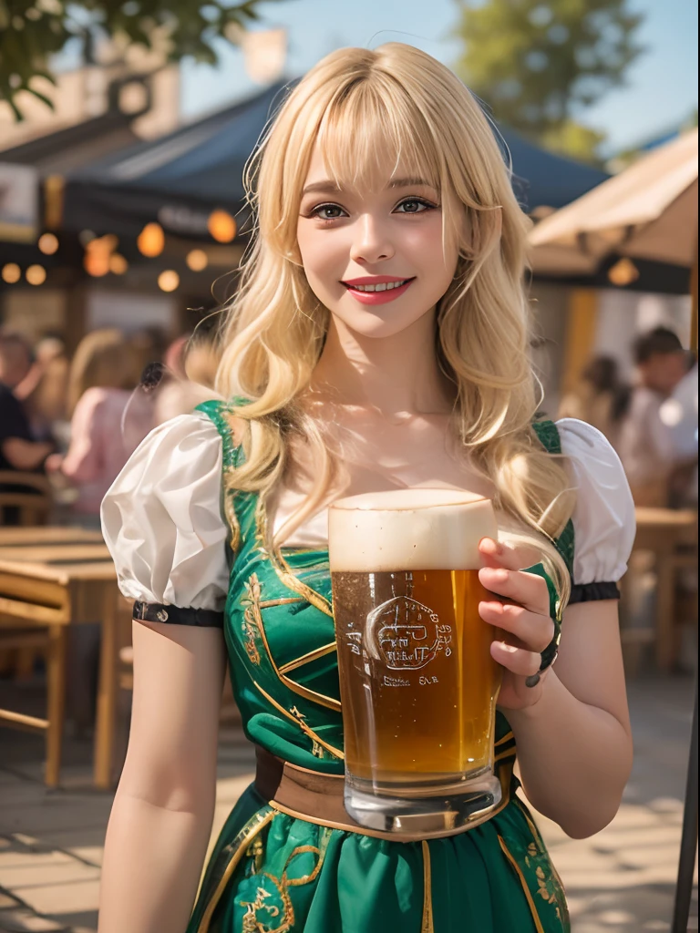 8K, Raw photo, Photorealistic, (Detailed skin, Best Quality:1.2), ((German national costume)), (blonde long hair:1.3, short bangs), Teenage girl holding up a beer mug in beer garden, (Baby face:1.1, Neat face, Fairer skin), smile