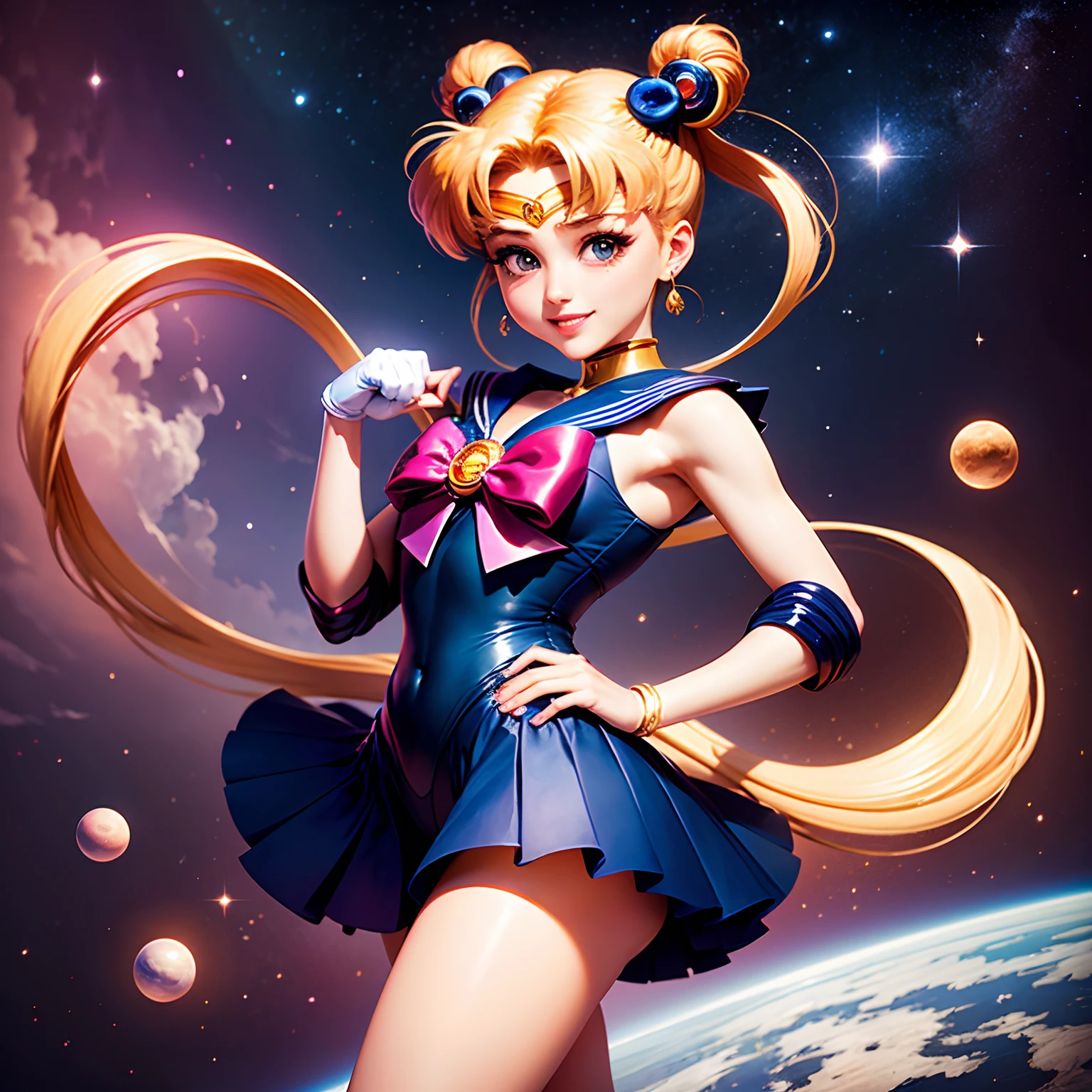 masterpiece、top-quality、ultra-detailliert、(Chibi Bishoujo Senshi Sailor Moon:1.2)、A charming smile、double tails、dynamicposes、The background is space、Big crescent
