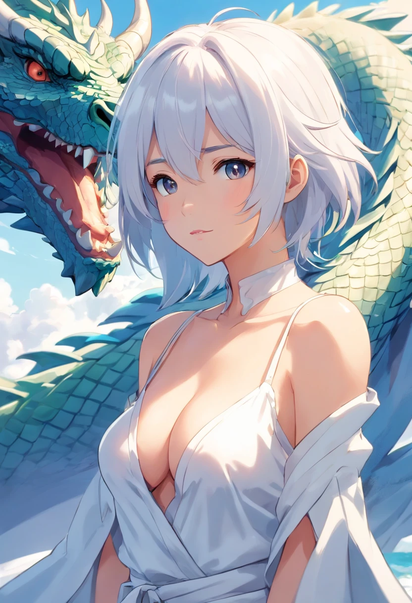 one-girl，White clothes，White hair，Huge dragons，Large breasts，cleavage，White Dragon