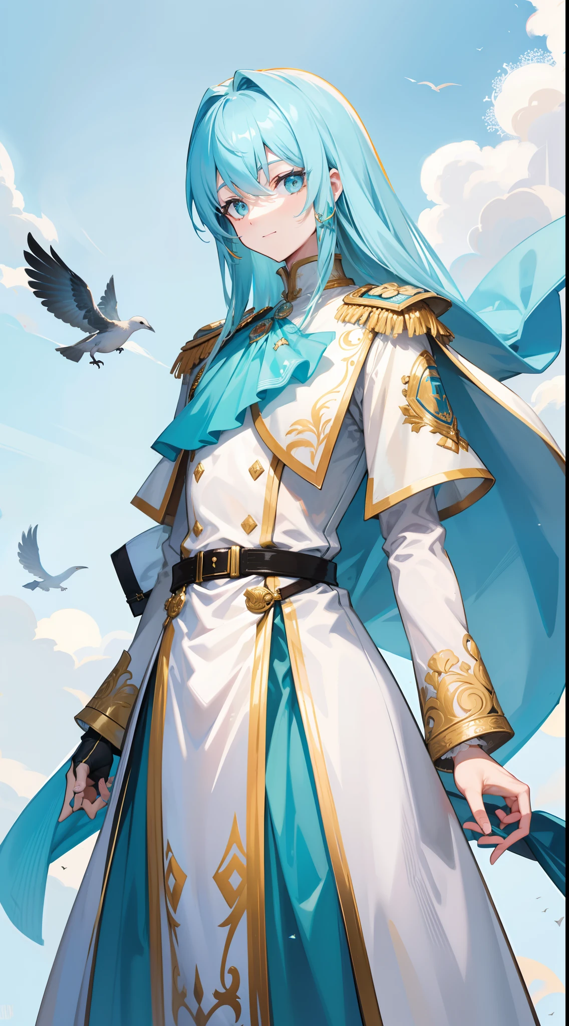 Tall guy, Stunted pigeons, Cyan eyes, ssmile, Beautiful white soldier's uniform, Gold Elements, Two magic pistols, hiquality, 4k, HD, Good detail
