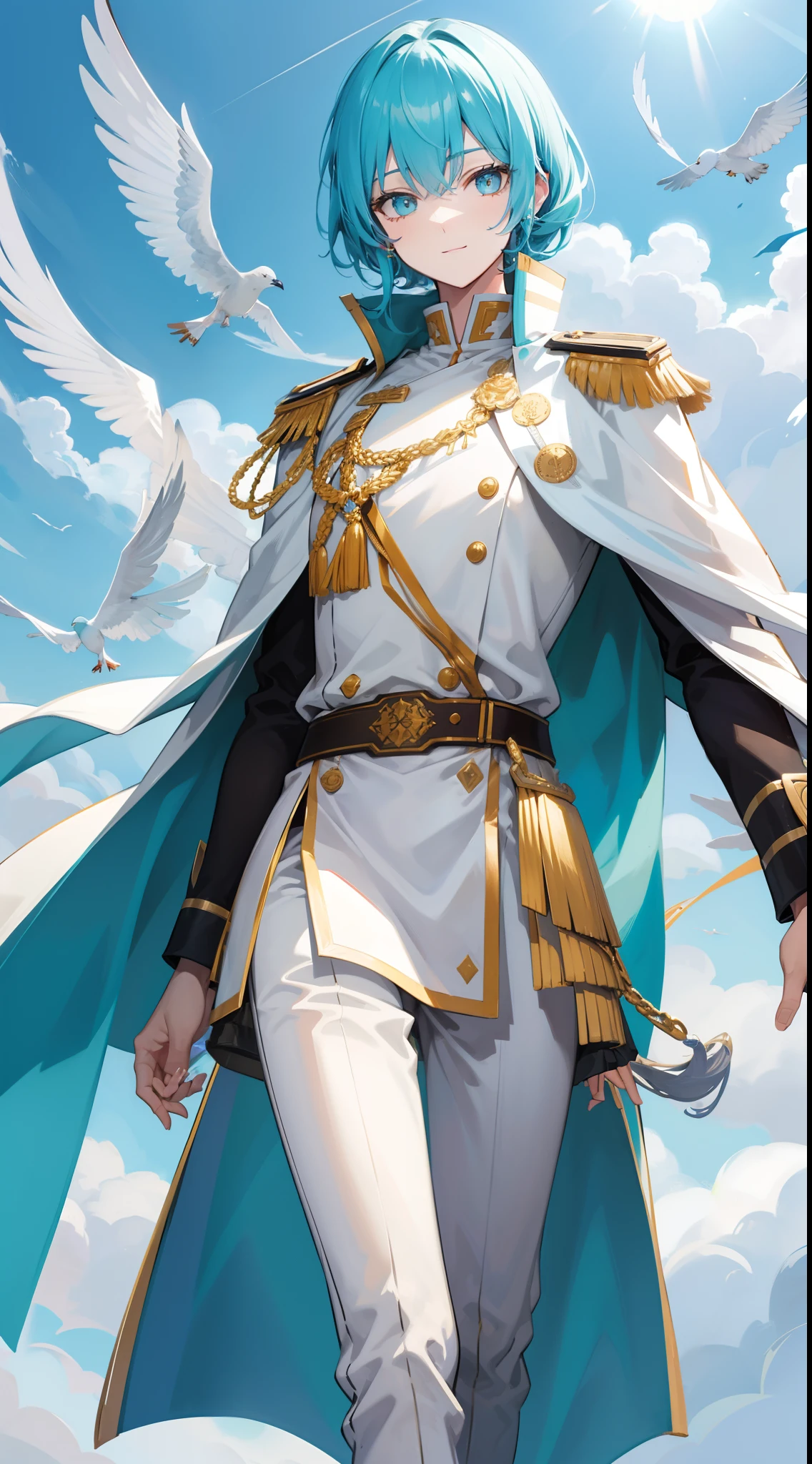 Tall guy, Stunted pigeons, Cyan eyes, ssmile, Beautiful white soldier's uniform, Gold Elements, Two magic pistols, hiquality, 4k, HD, Good detail