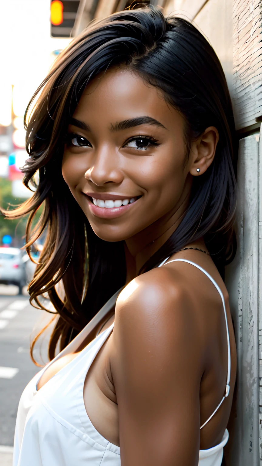 Masterpiece, best quality, high-res, extremely detailed, 1 girl, (dark skin), black eyes, smiling