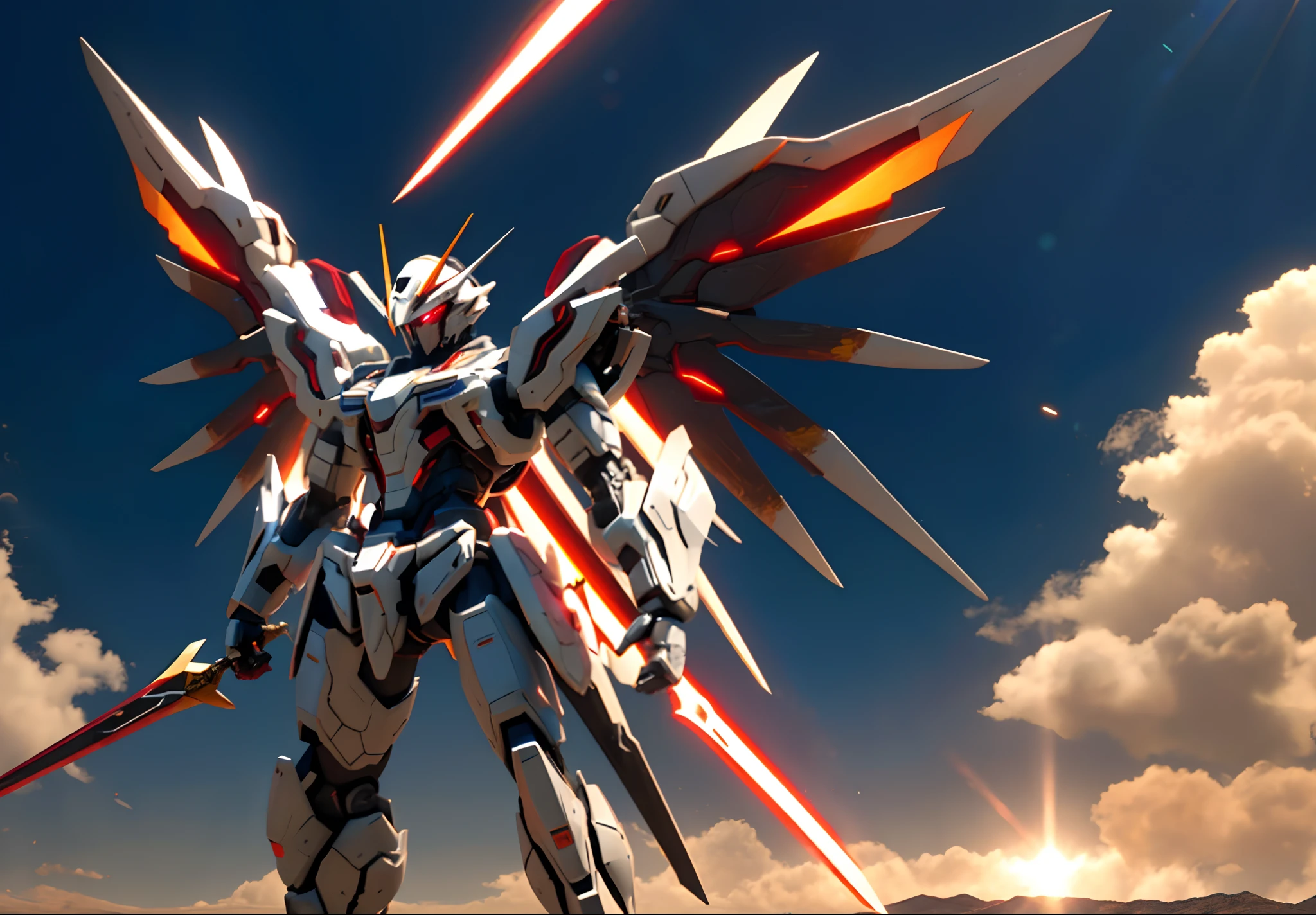 dramatic angle,dynamic angle,an extremely delicate and beautiful mecha, 8k wallpaper,masterpiece,best quality,illustration,mecha, sunlight,sunbeam,backlighting,Contre-Jour,science_fiction, glowing, holding_sword, no_humans, realistic, red_eyes, solo, open_hand, wings, full_body, mechanical_wings, standing, glowing_eye, weapon, cloud, glowing_eyes, jet, day, sword