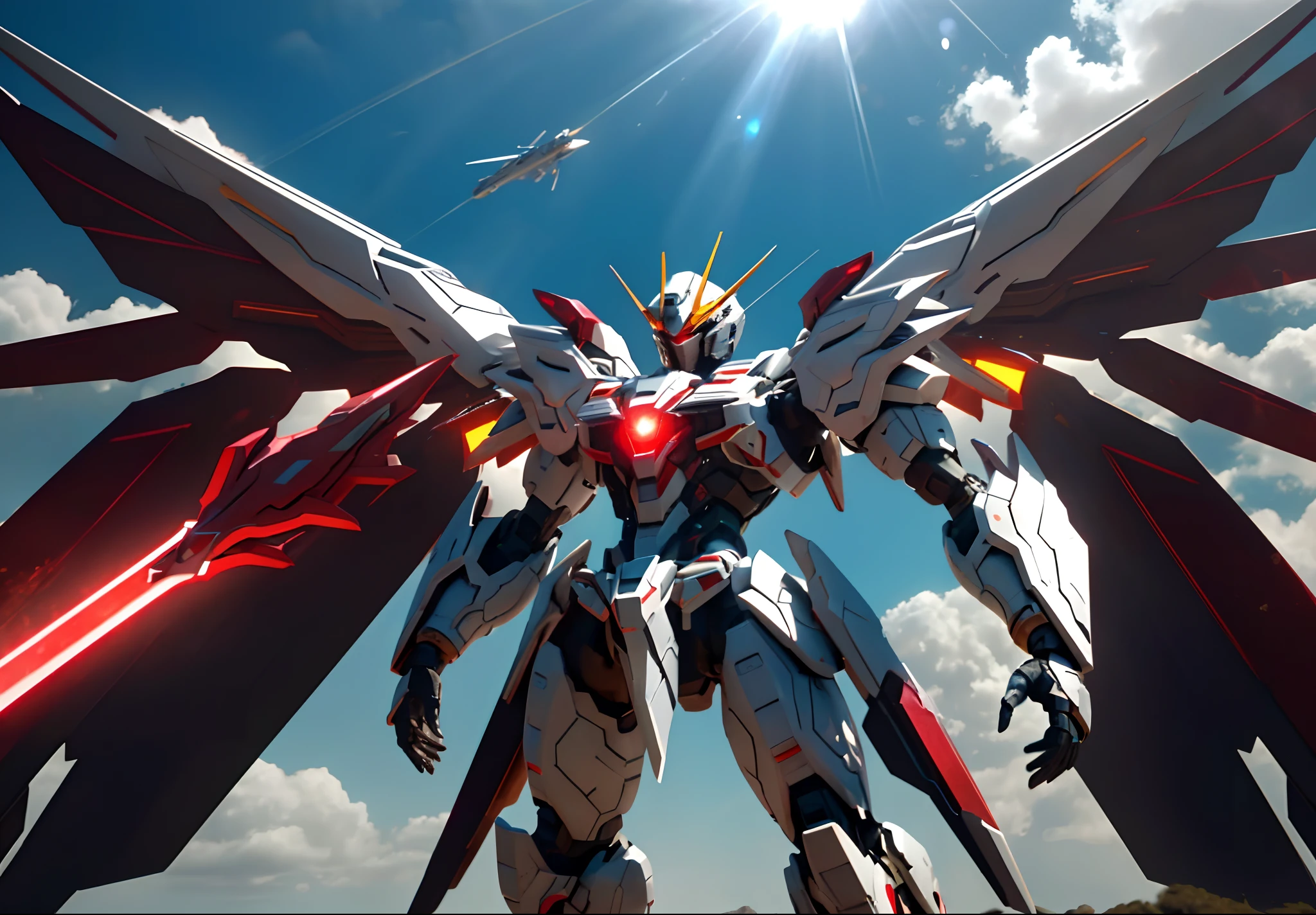 dramatic angle,dynamic angle,an extremely delicate and beautiful mecha, 8k wallpaper,masterpiece,best quality,illustration,mecha, sunlight,sunbeam,backlighting,Contre-Jour,science_fiction, glowing, holding_sword, no_humans, realistic, red_eyes, solo, open_hand, wings, full_body, mechanical_wings, standing, glowing_eye, weapon,  cloud, glowing_eyes, jet, day, sword