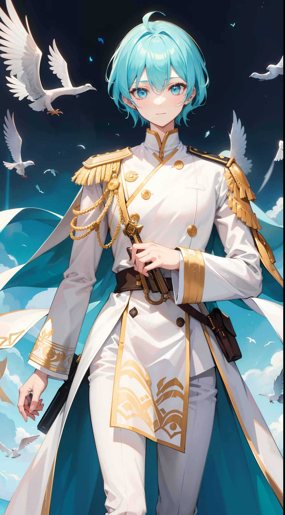 Tall guy, Stunted pigeons, Cyan eyes, ssmile, Beautiful white soldier's uniform, Gold Elements, Two magic pistols, hiquality, 4k, HD, Good detail