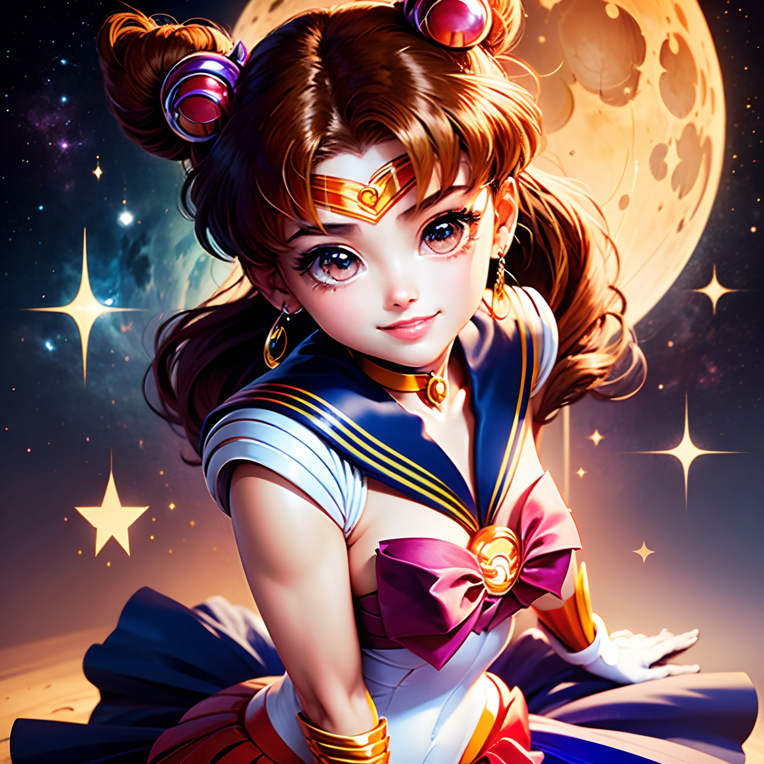 masterpiece、top-quality、ultra-detailliert、(Chibi Sailor Moon:1.2)、A charming smile、double tails、dynamicposes、The background is space、Big crescent