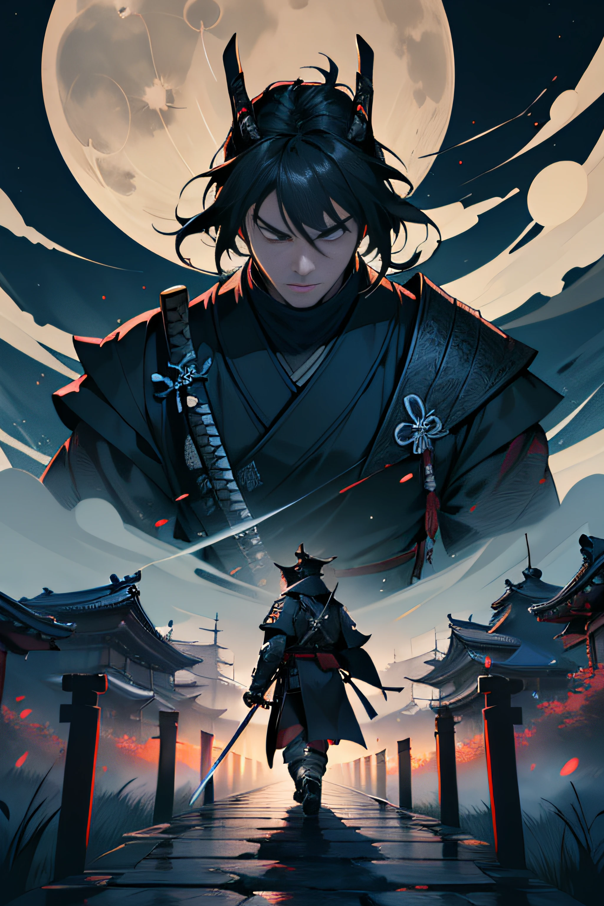 (Masterpiece, Best Quality), 8k Wallpaper, highly detailed, ronin, samurai, katana, japan, night, moonlight, vector style art.